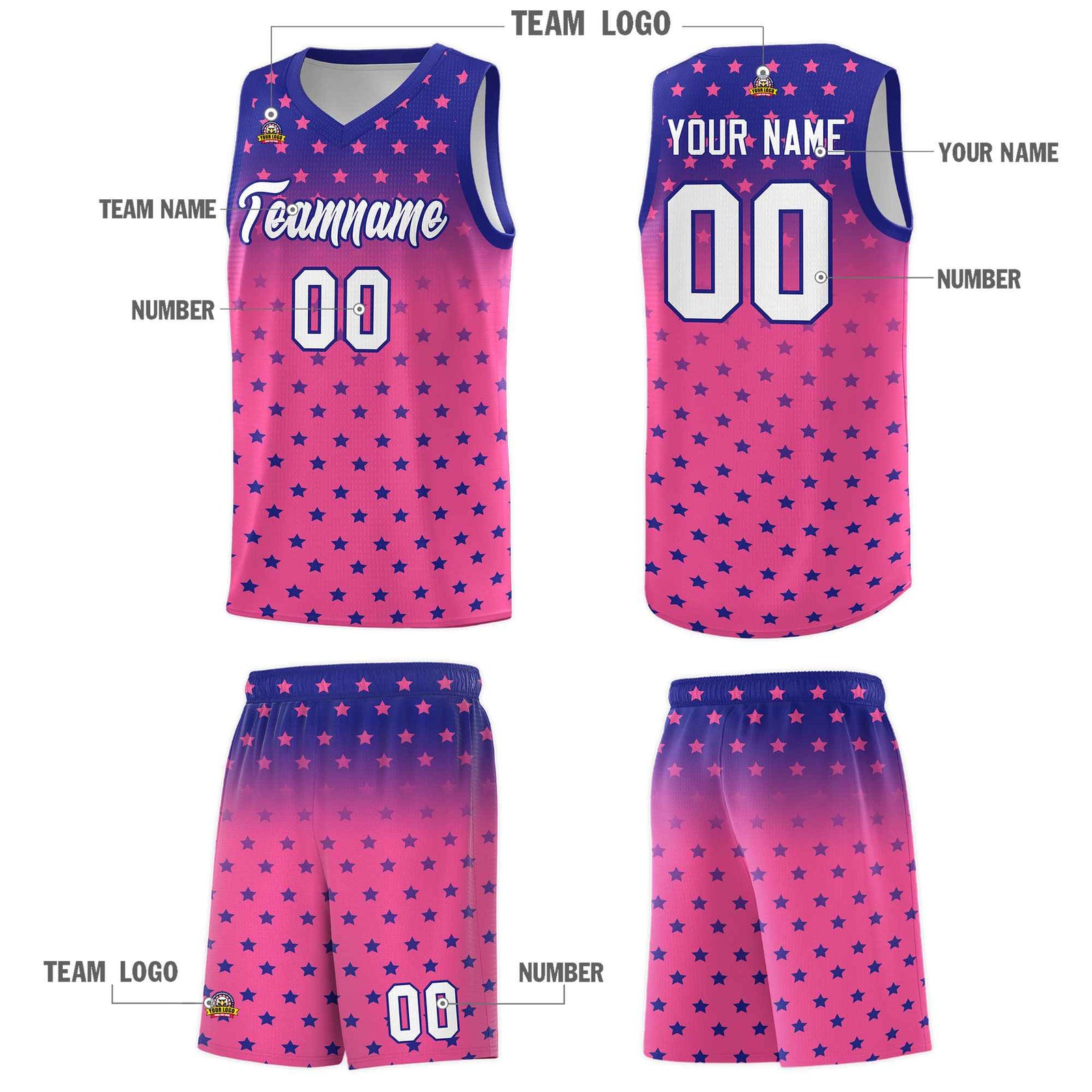 Custom Royal Pink Gradient Start Pattern Basketball Jersey Sets
