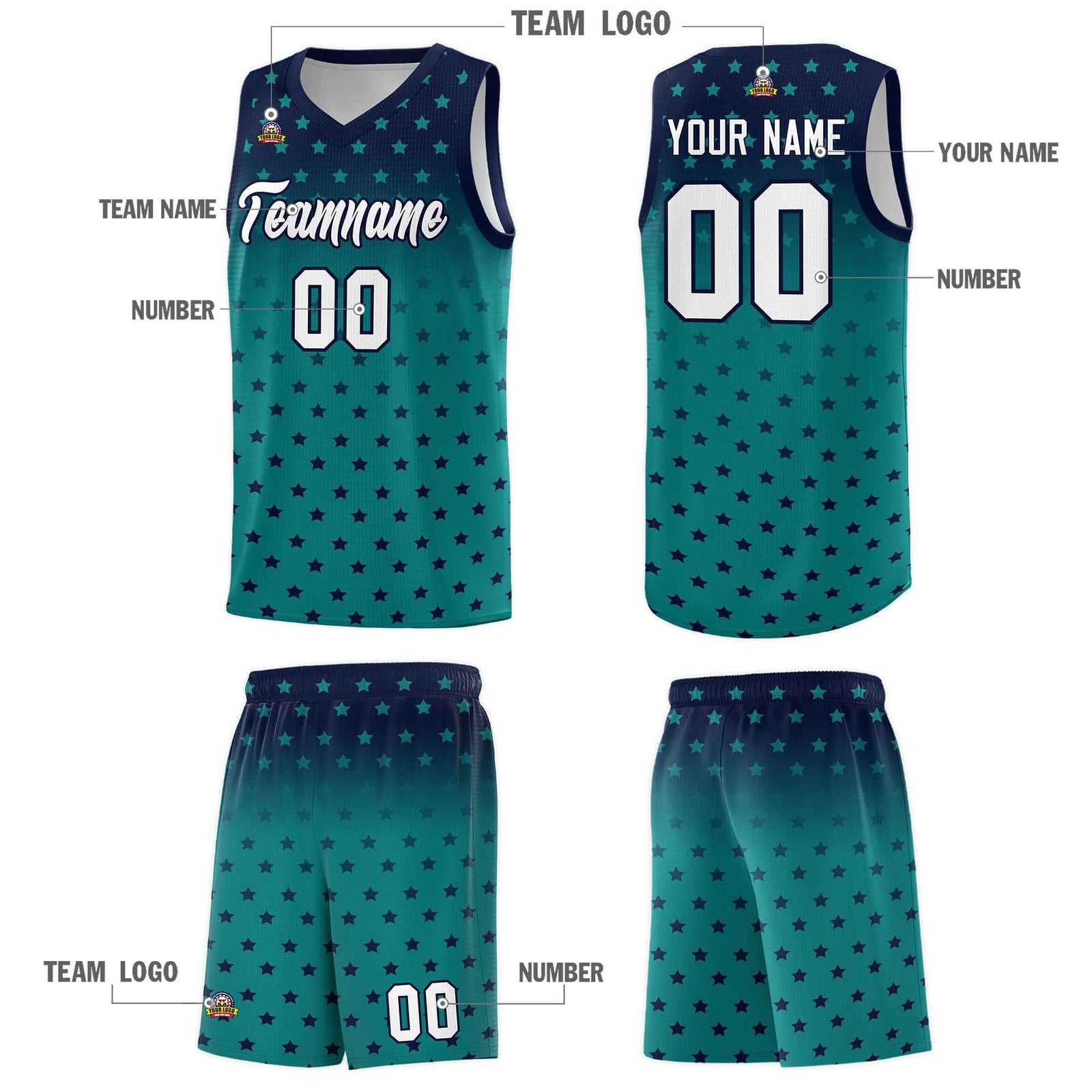 Custom Navy Aqua Gradient Start Pattern Basketball Jersey Sets