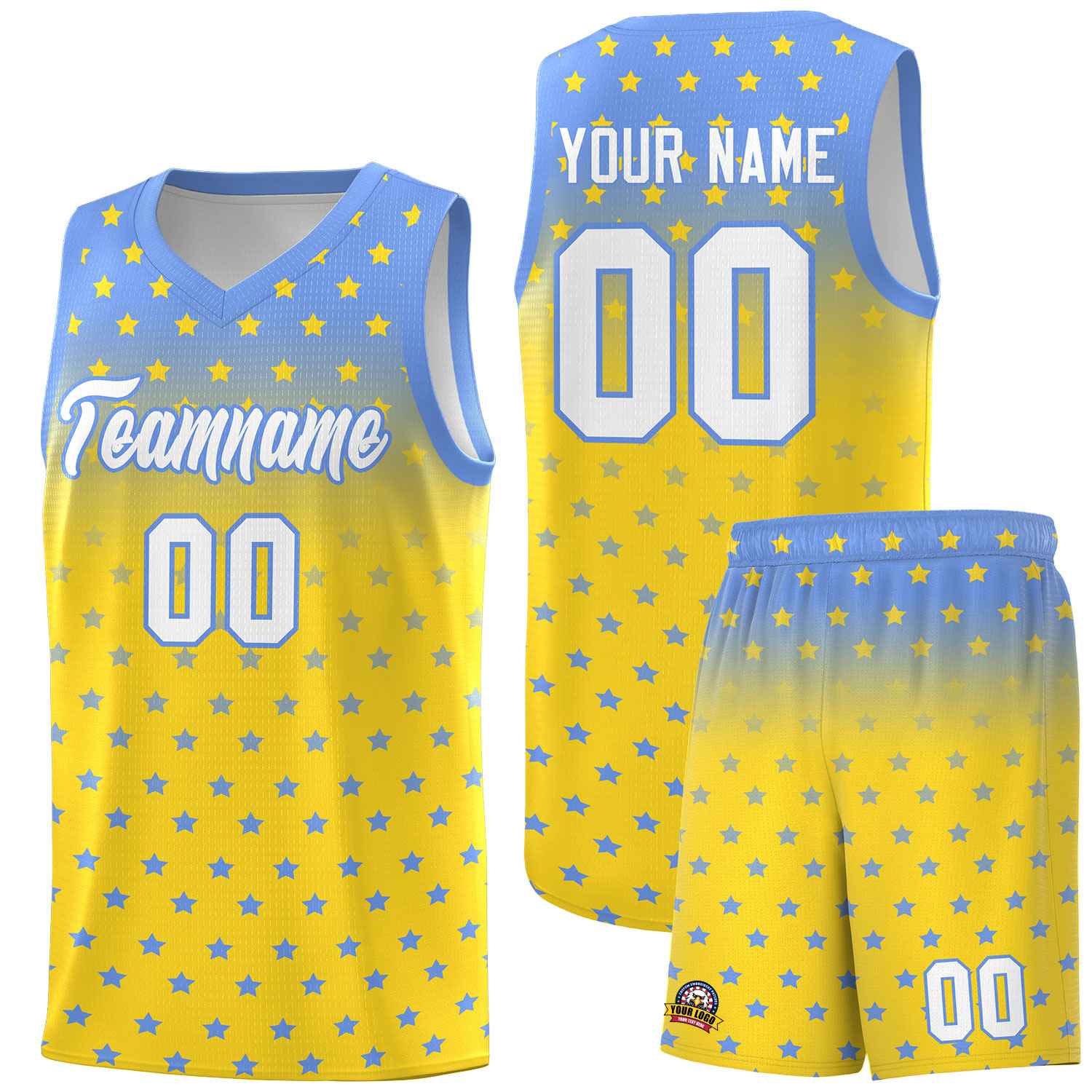 Custom Light Blue Gold Gradient Start Pattern Basketball Jersey Sets