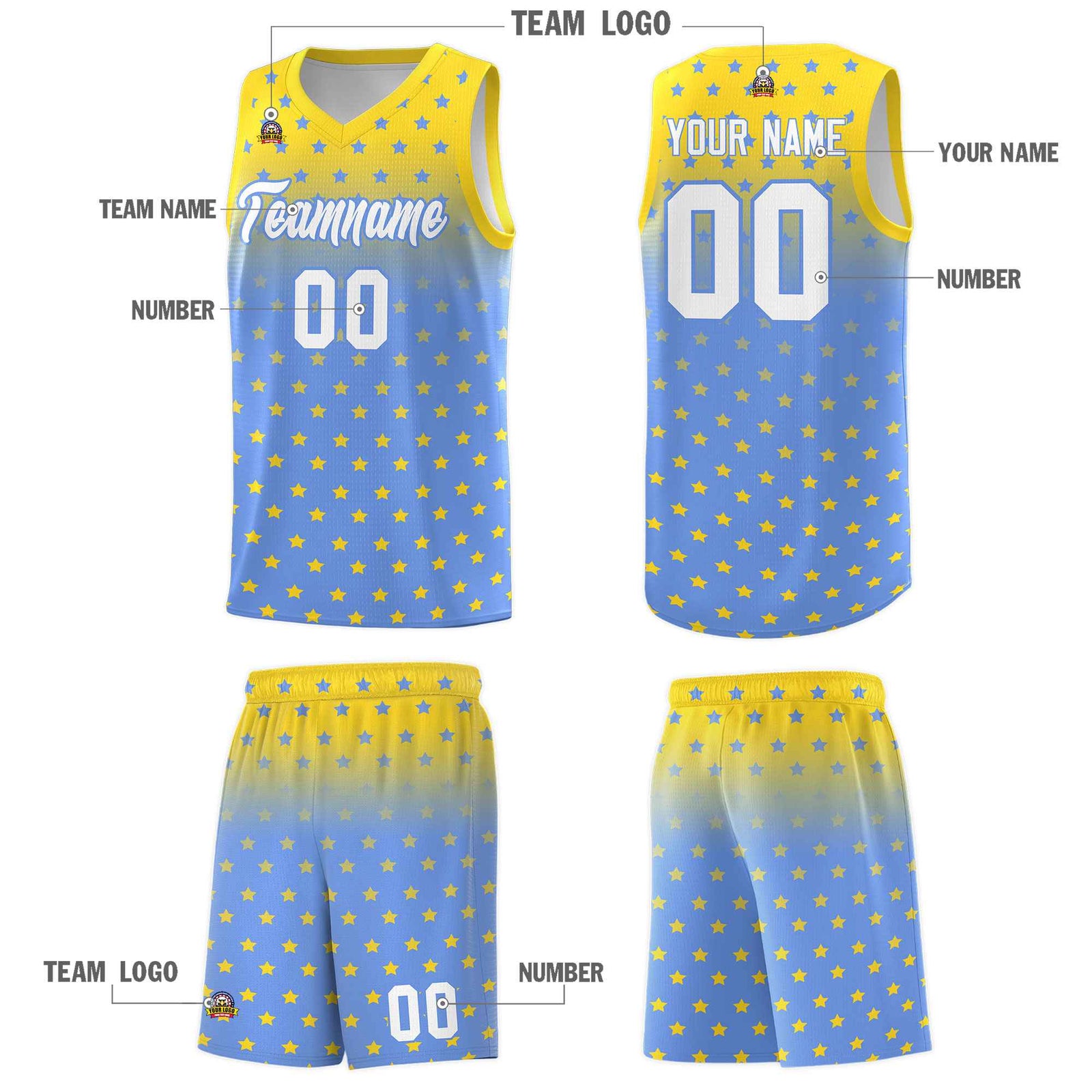 Custom Gold Light Blue Gradient Start Pattern Basketball Jersey Sets