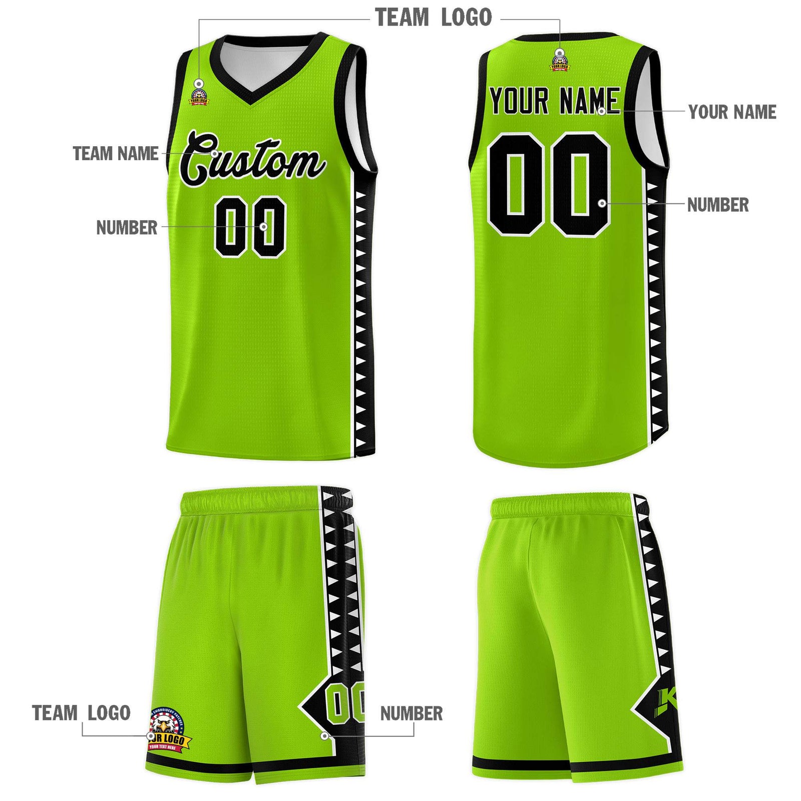 Custom Neon Green Black Basketball Kits With Side Zigzag Pattern