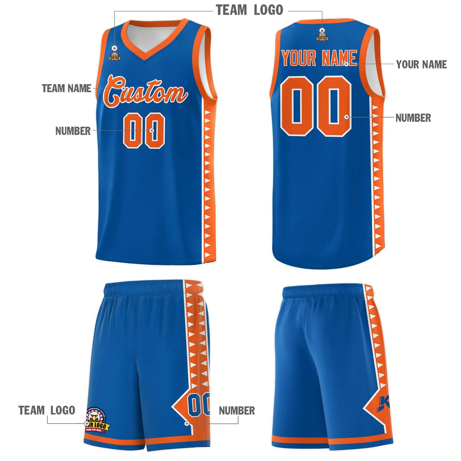Custom Royal Orange Basketball Kits With Side Zigzag Pattern