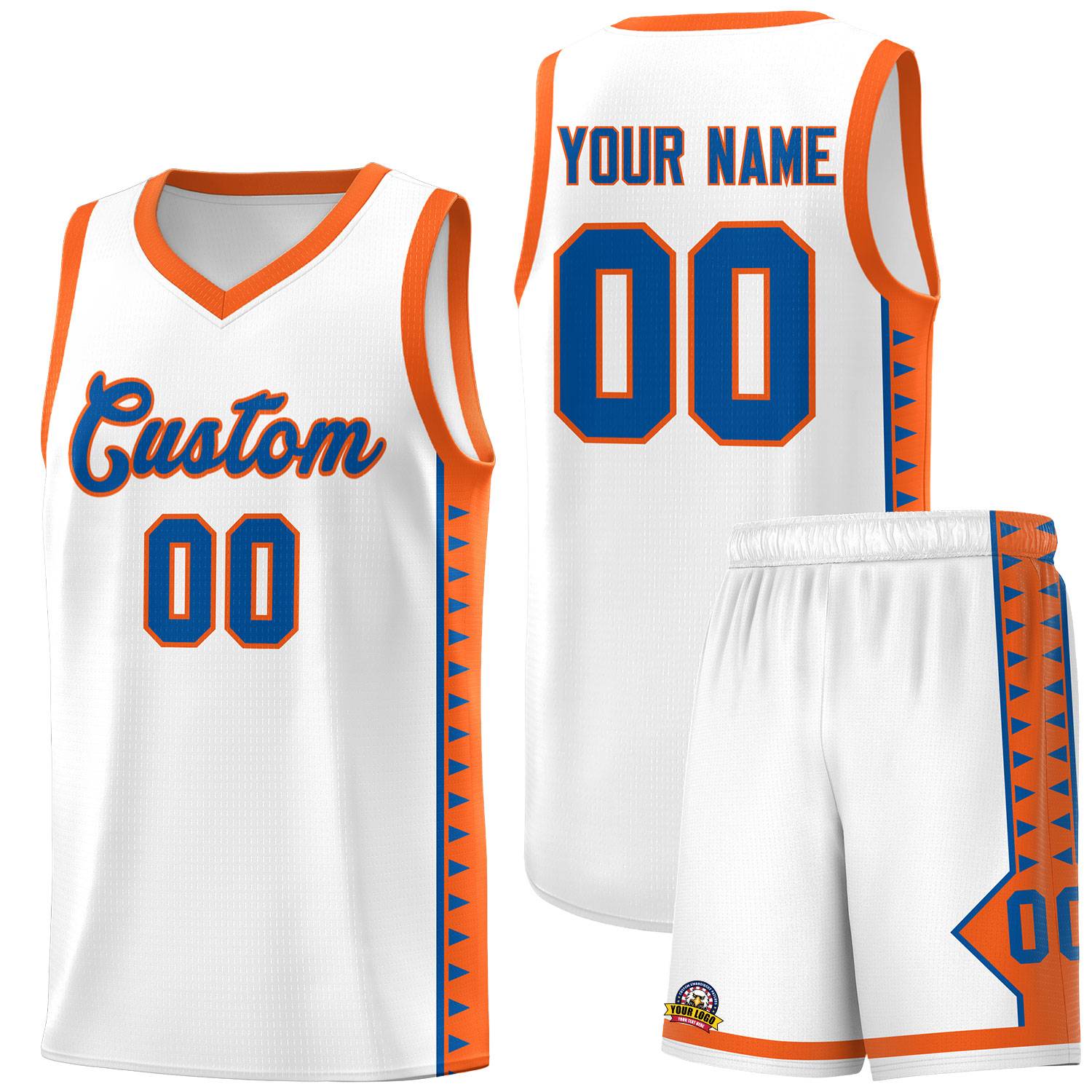 Custom White Orange Basketball Kits With Side Zigzag Pattern