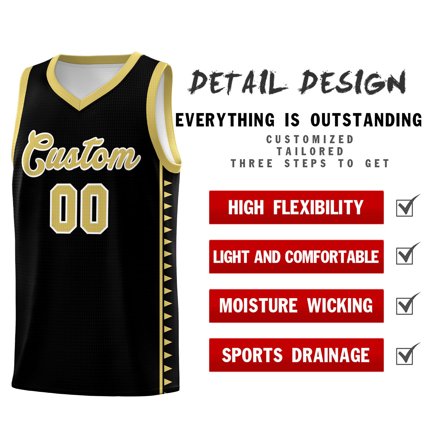 Custom Black Old Gold Basketball Kits With Side Zigzag Pattern