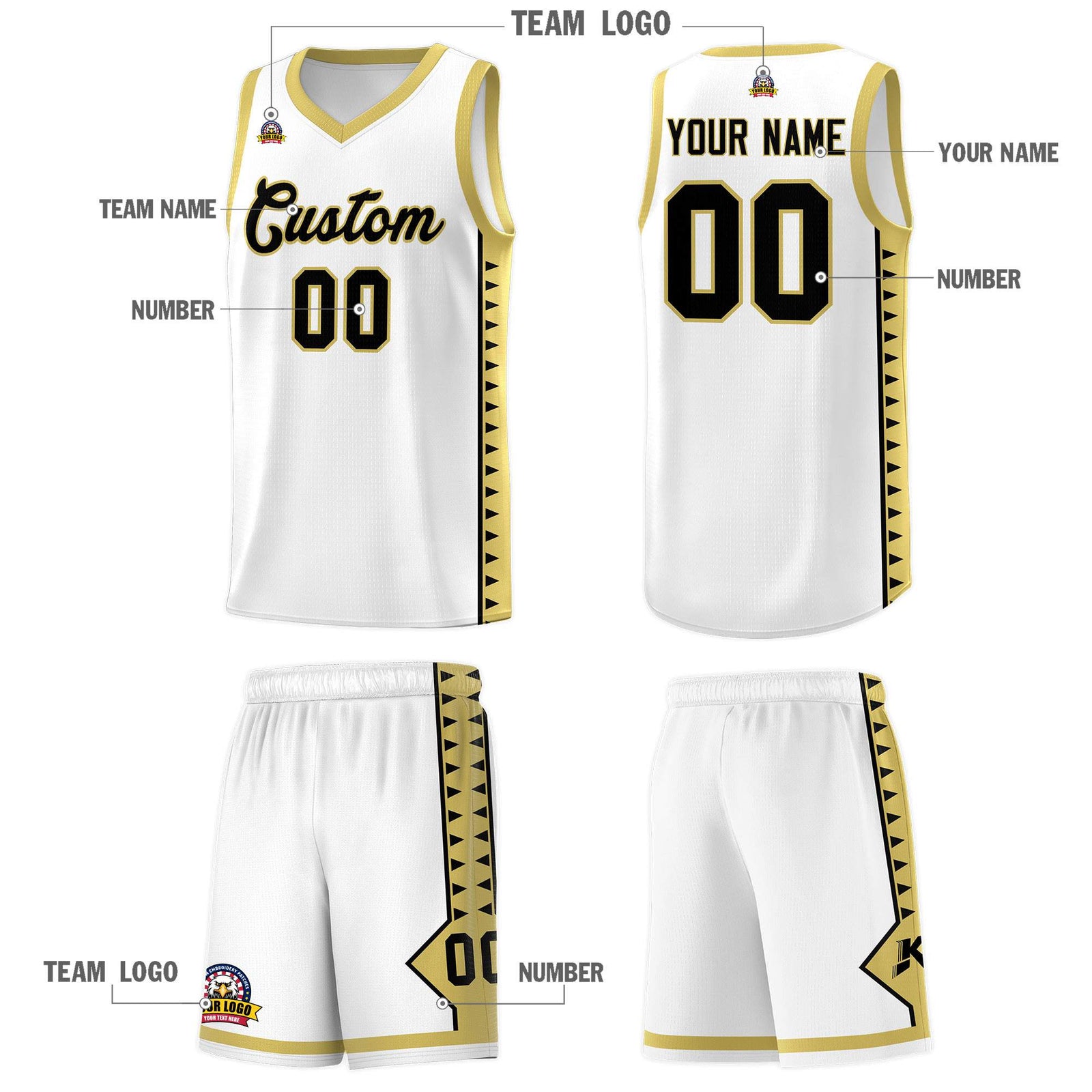 Custom White Old Gold Basketball Kits With Side Zigzag Pattern