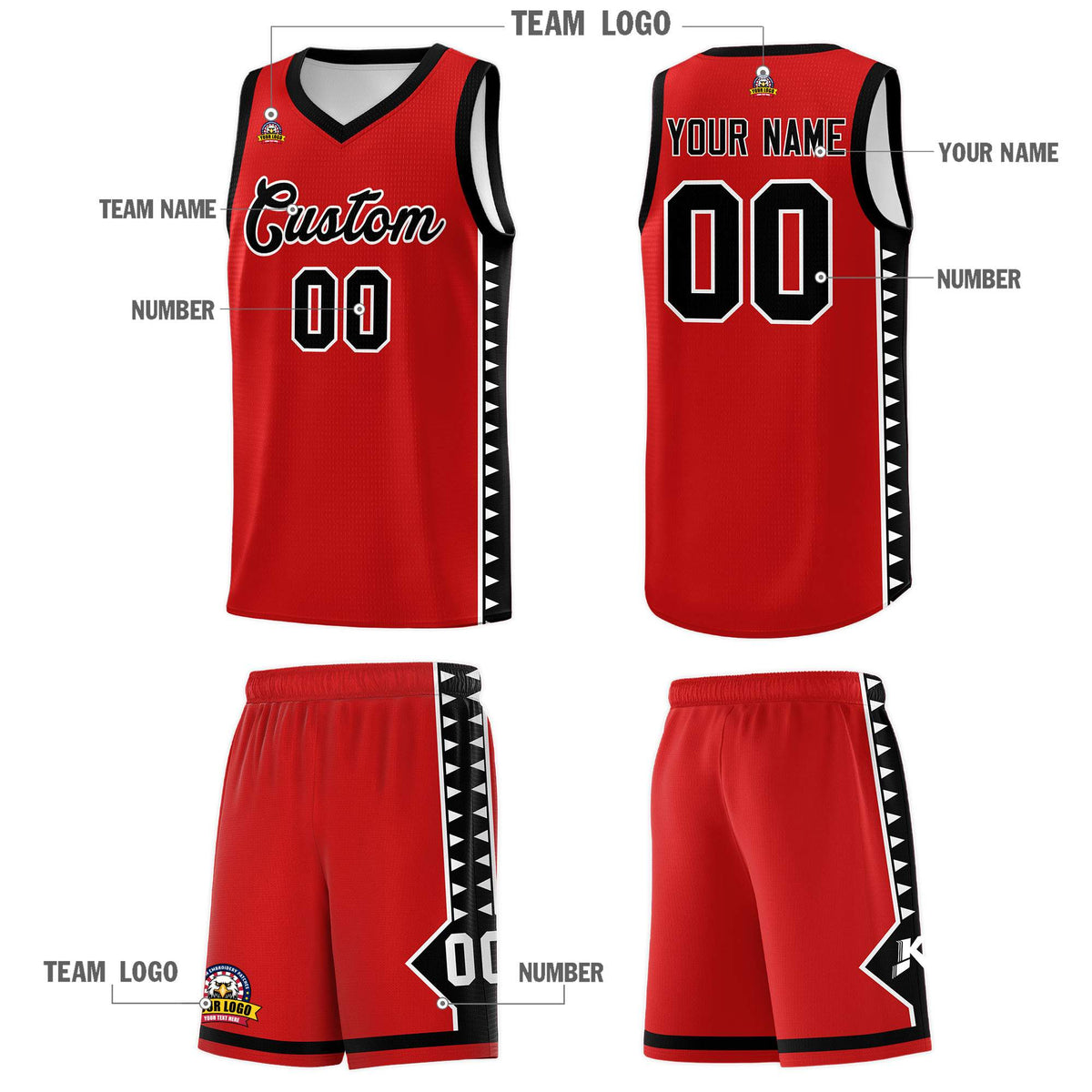Custom Red Black Basketball Kits With Side Zigzag Pattern