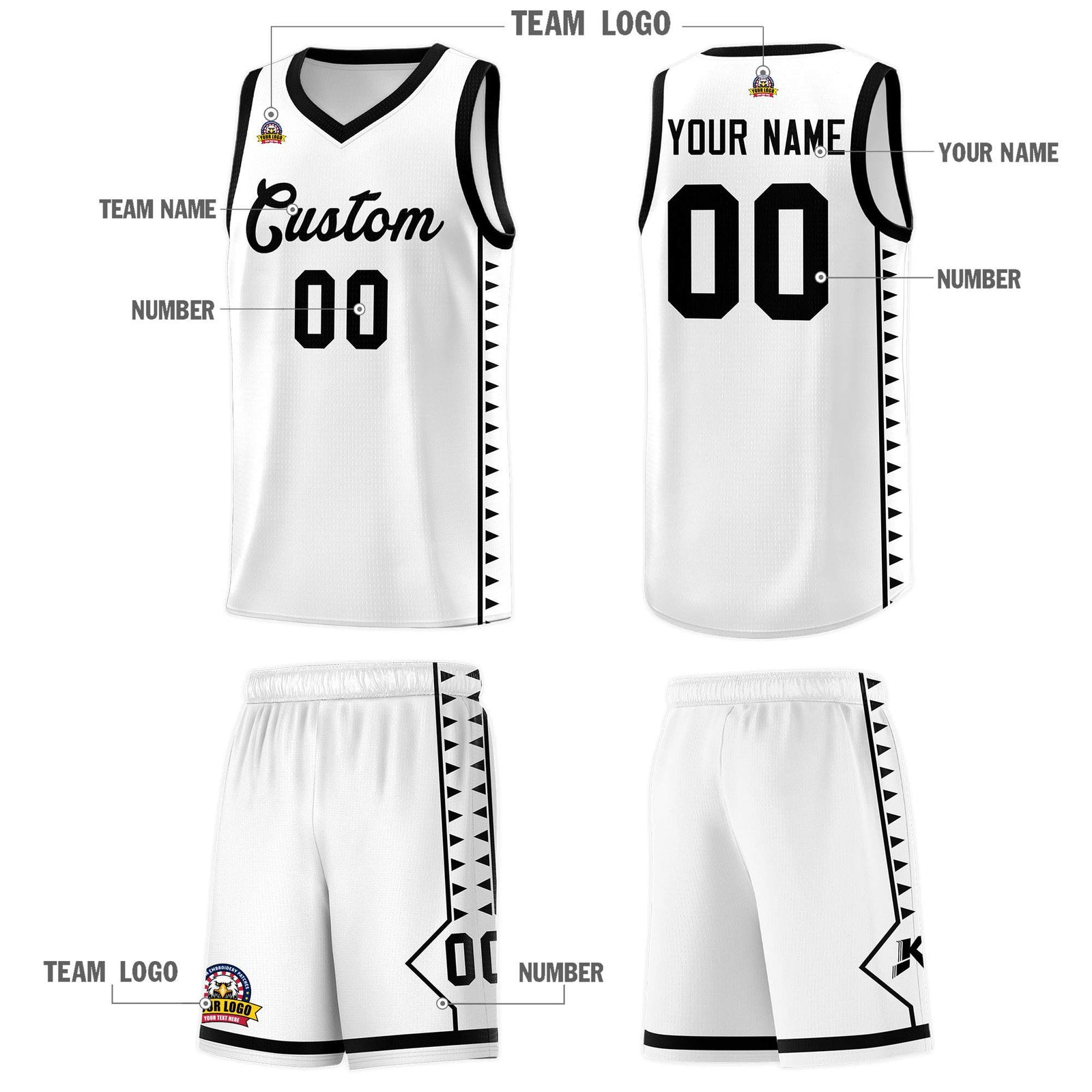 Custom White Black Basketball Kits With Side Zigzag Pattern