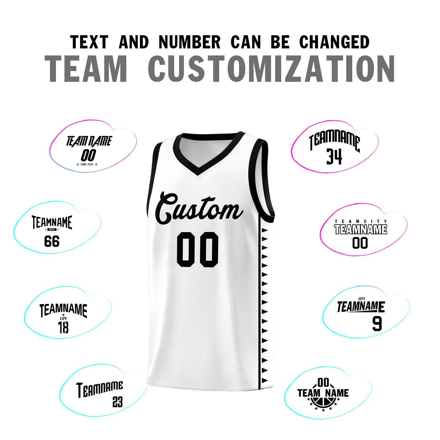 Custom White Black Basketball Kits With Side Zigzag Pattern