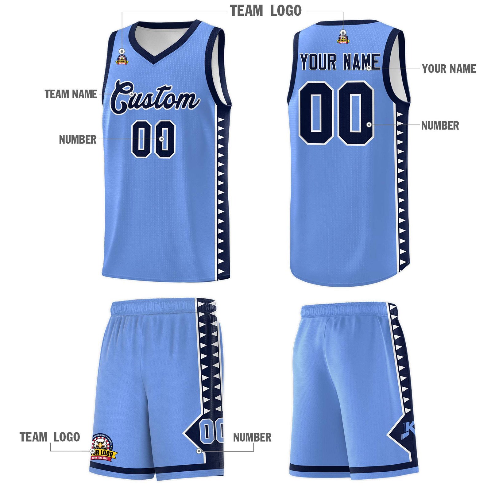 Custom Light Blue Navy Basketball Kits With Side Zigzag Pattern