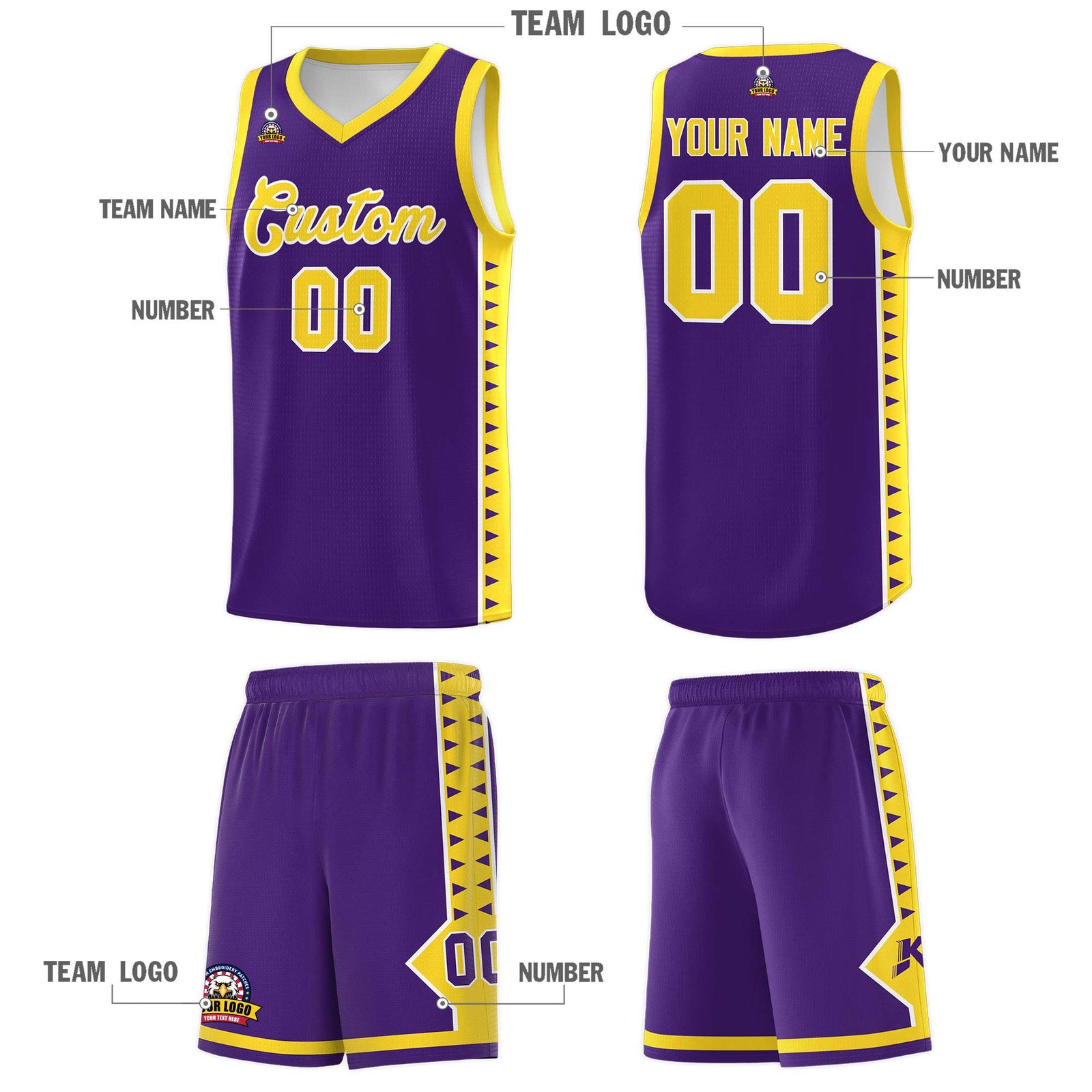 Custom Purple Gold Basketball Kits With Side Zigzag Pattern