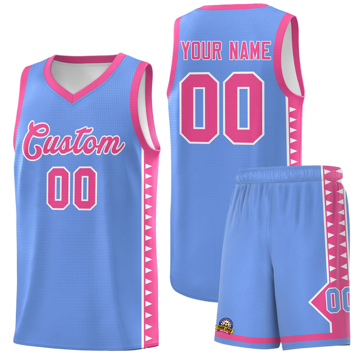 Custom Light Blue Pink Basketball Kits With Side Zigzag Pattern