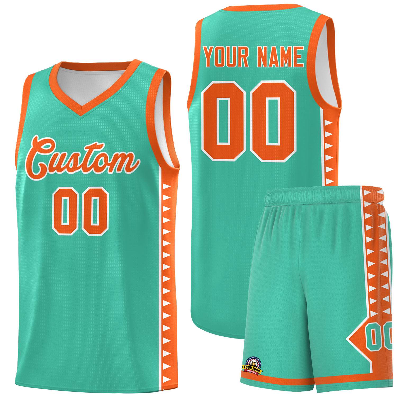 Custom Bright Green Orange Basketball Kits With Side Zigzag Pattern