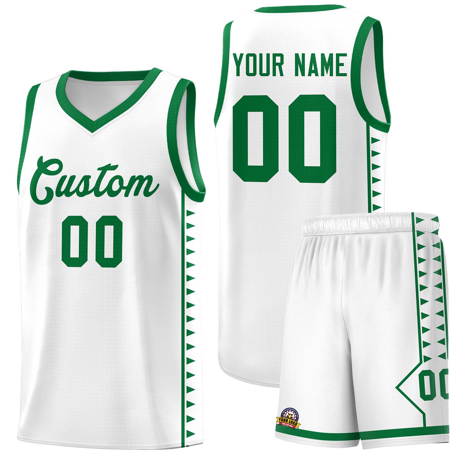 Custom White Kelly Green Basketball Kits With Side Zigzag Pattern
