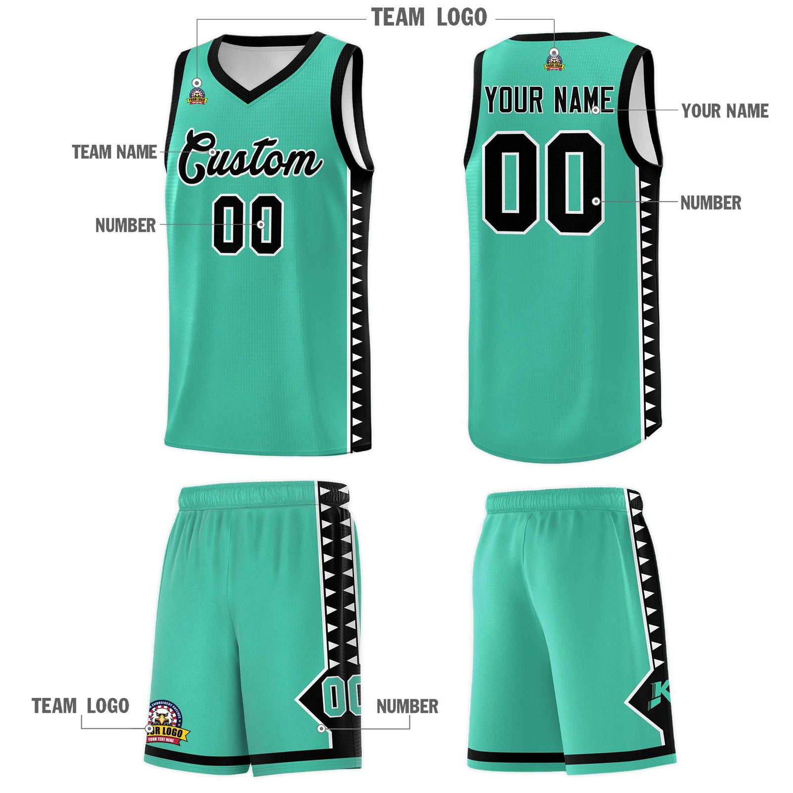 Custom Bright Green Black Basketball Kits With Side Zigzag Pattern