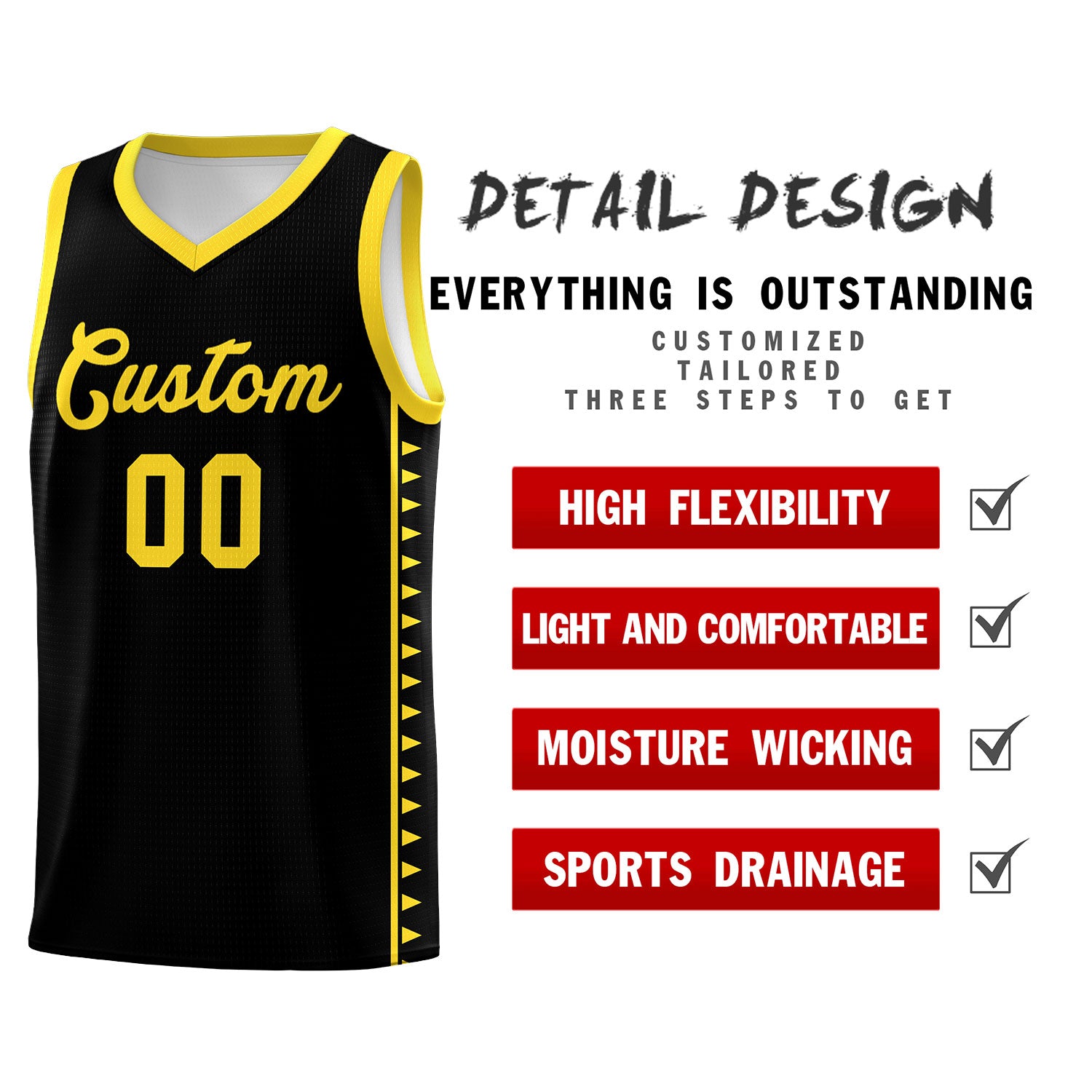 Custom Black Gold Basketball Kits With Side Zigzag Pattern