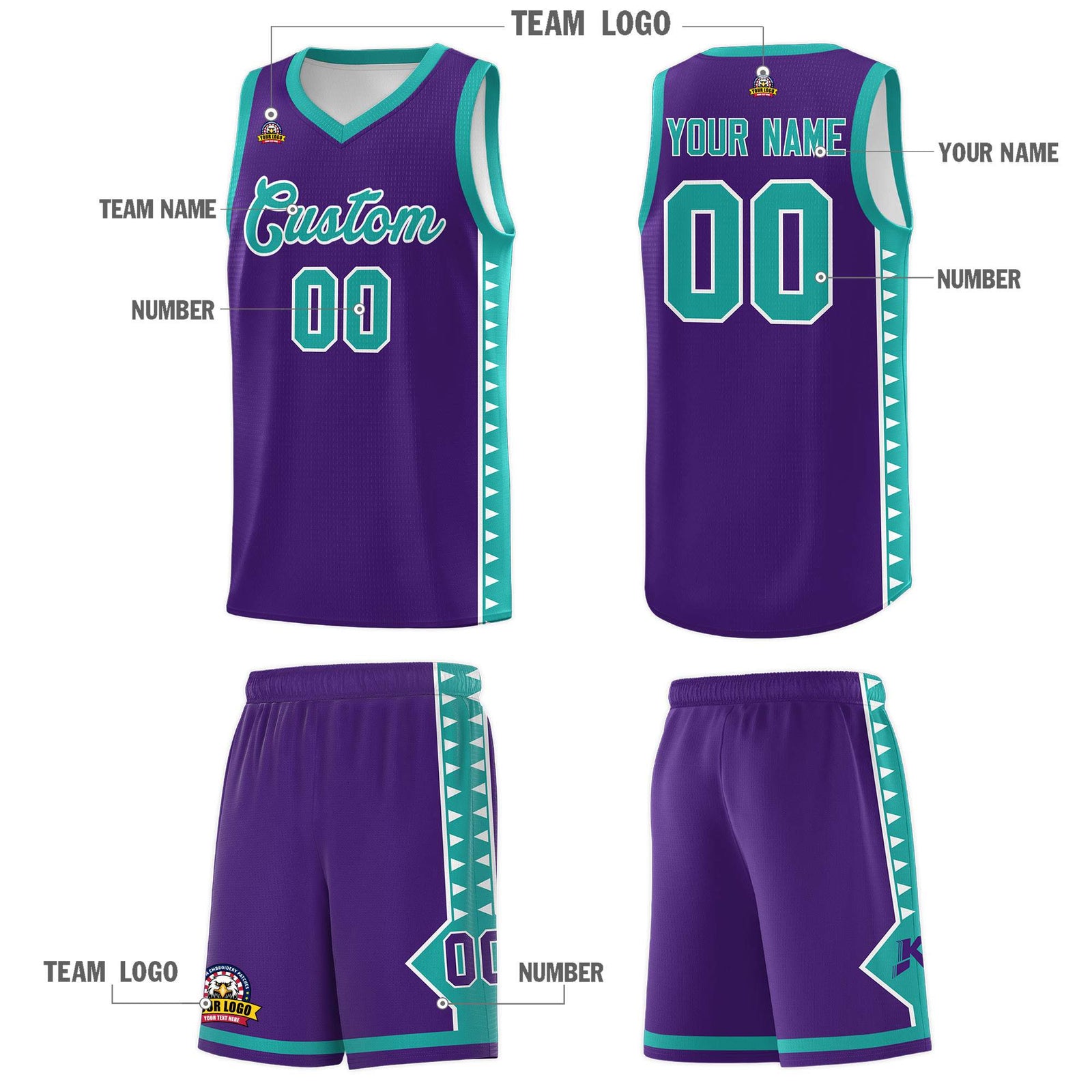 Custom Purple Aqua Basketball Kits With Side Zigzag Pattern
