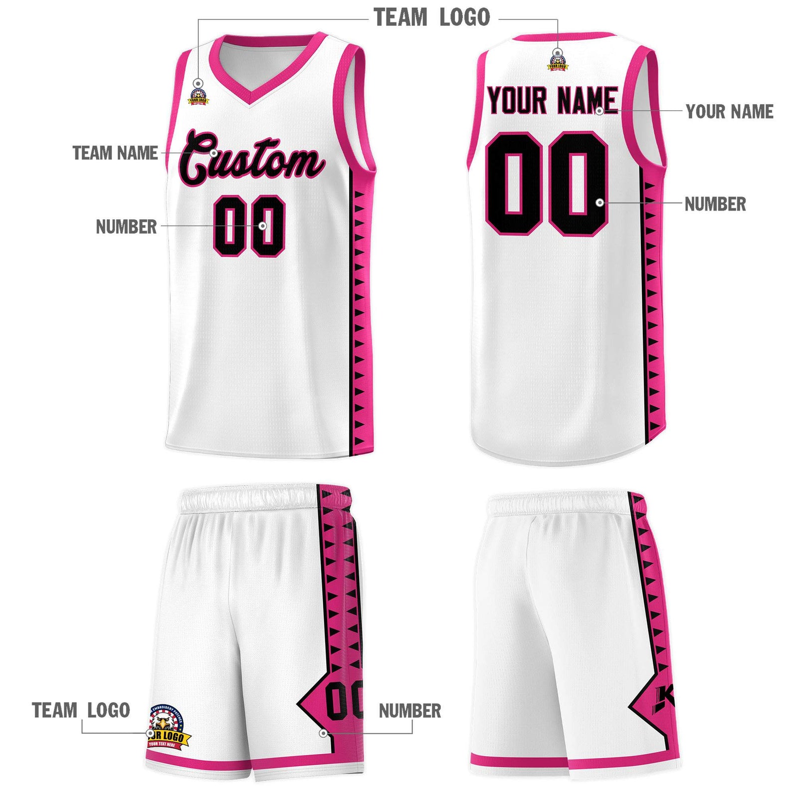 Custom White Rose Red Basketball Kits With Side Zigzag Pattern