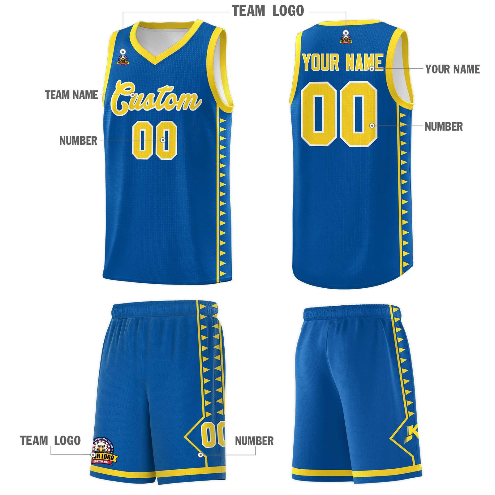 Custom Royal Gold Basketball Kits With Side Zigzag Pattern