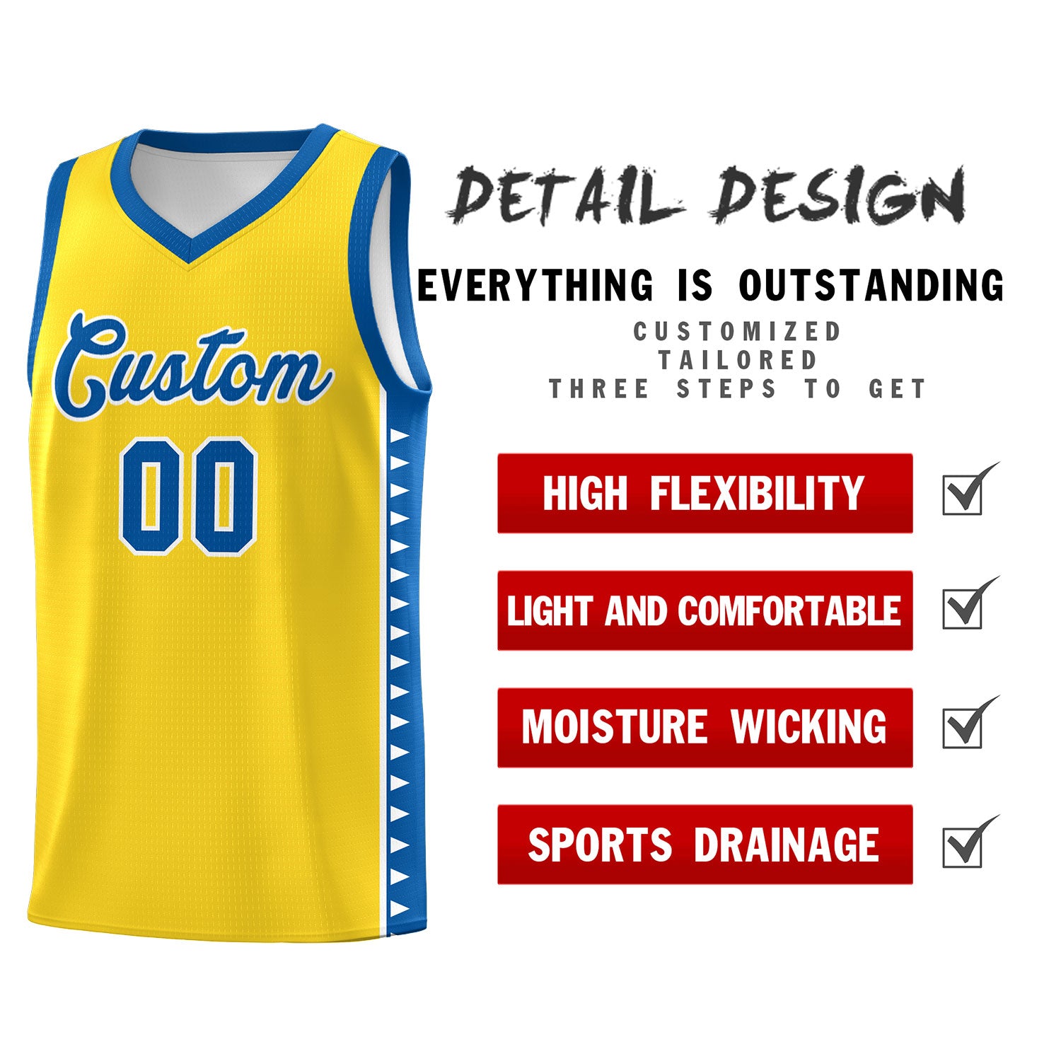 Custom Gold Royal Basketball Kits With Side Zigzag Pattern