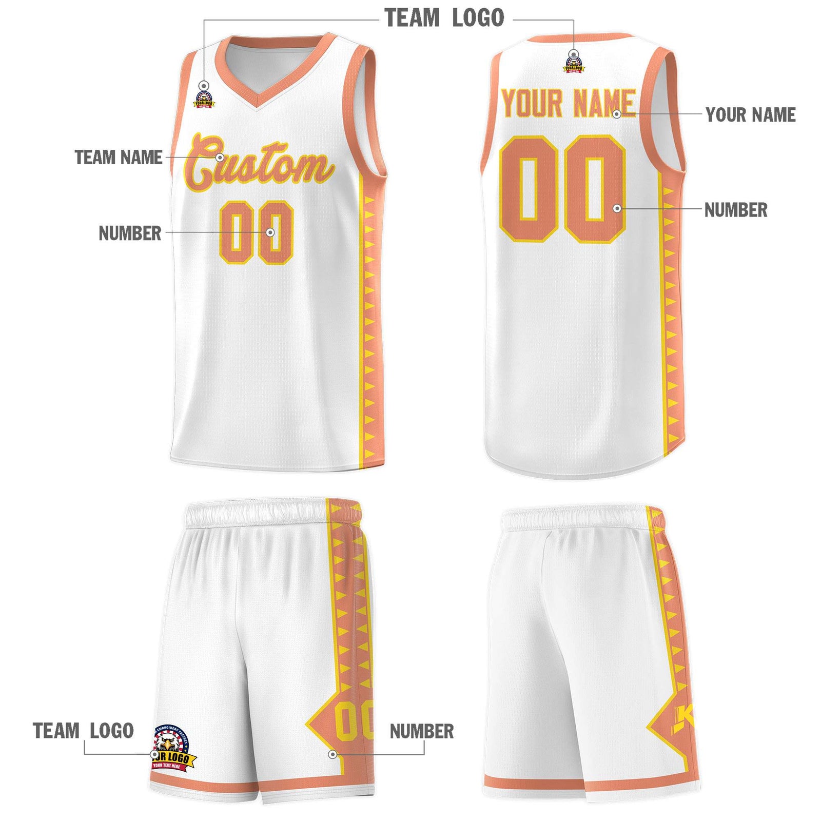 Custom White Light Orange Basketball Kits With Side Zigzag Pattern
