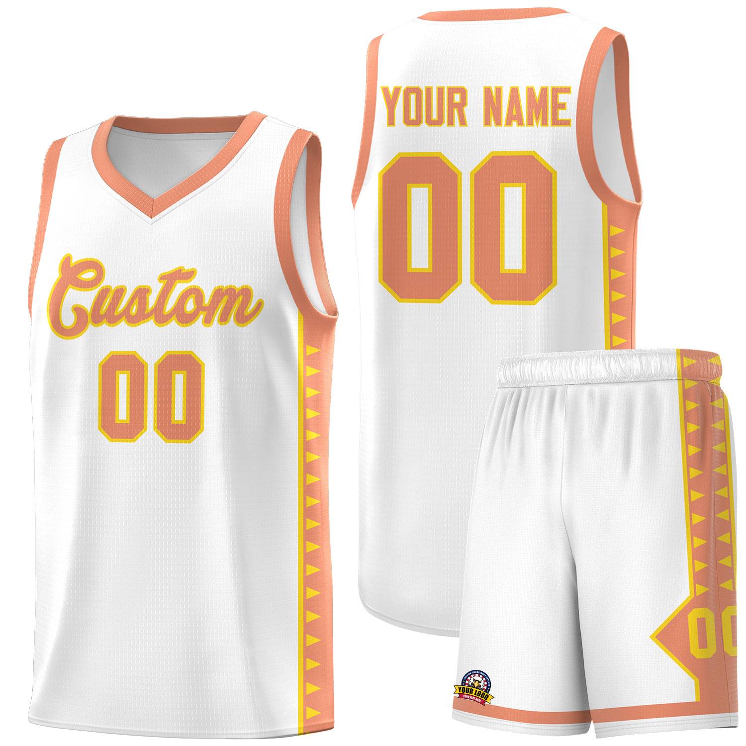 Custom White Light Orange Basketball Kits With Side Zigzag Pattern