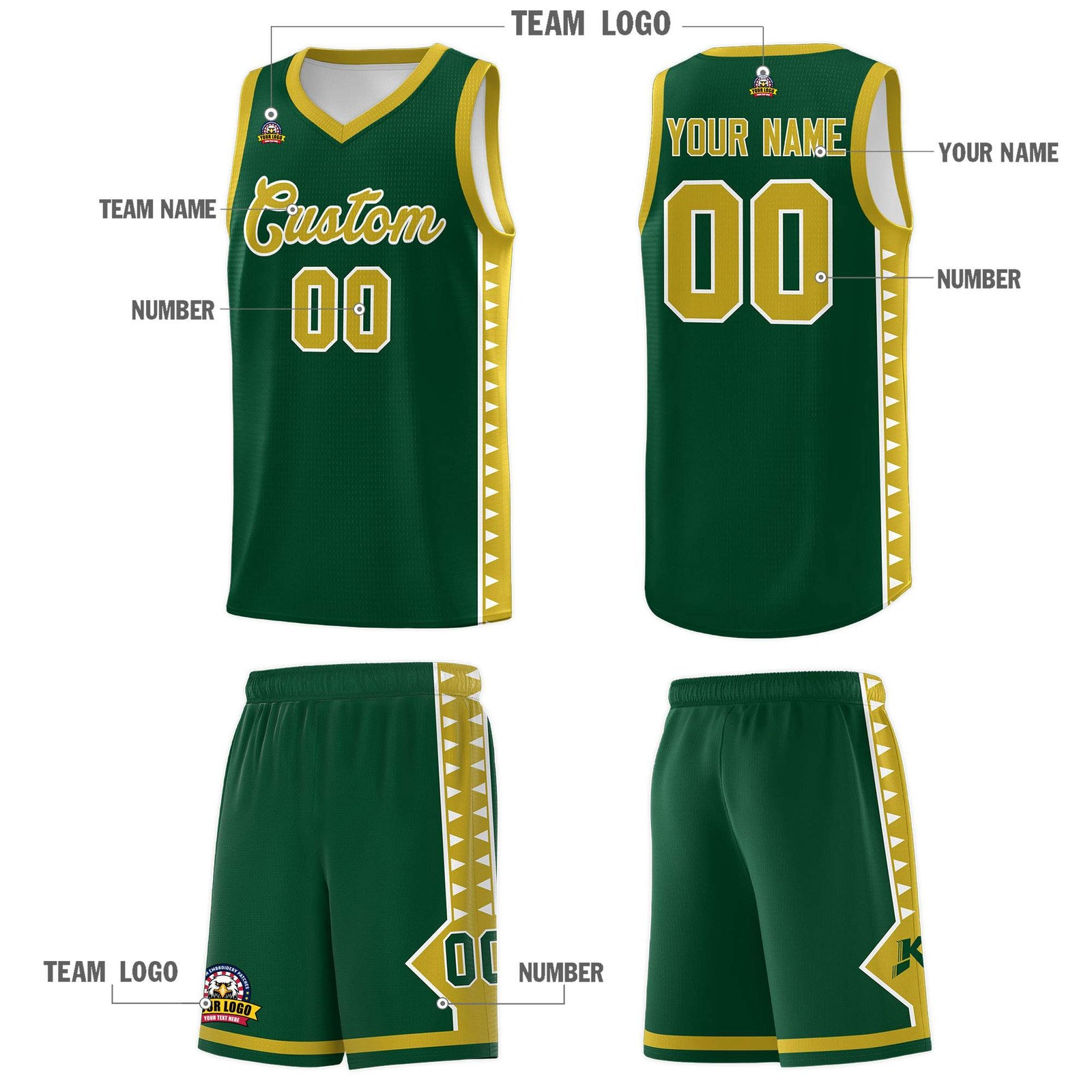 Custom Green Old Gold Basketball Kits With Side Zigzag Pattern