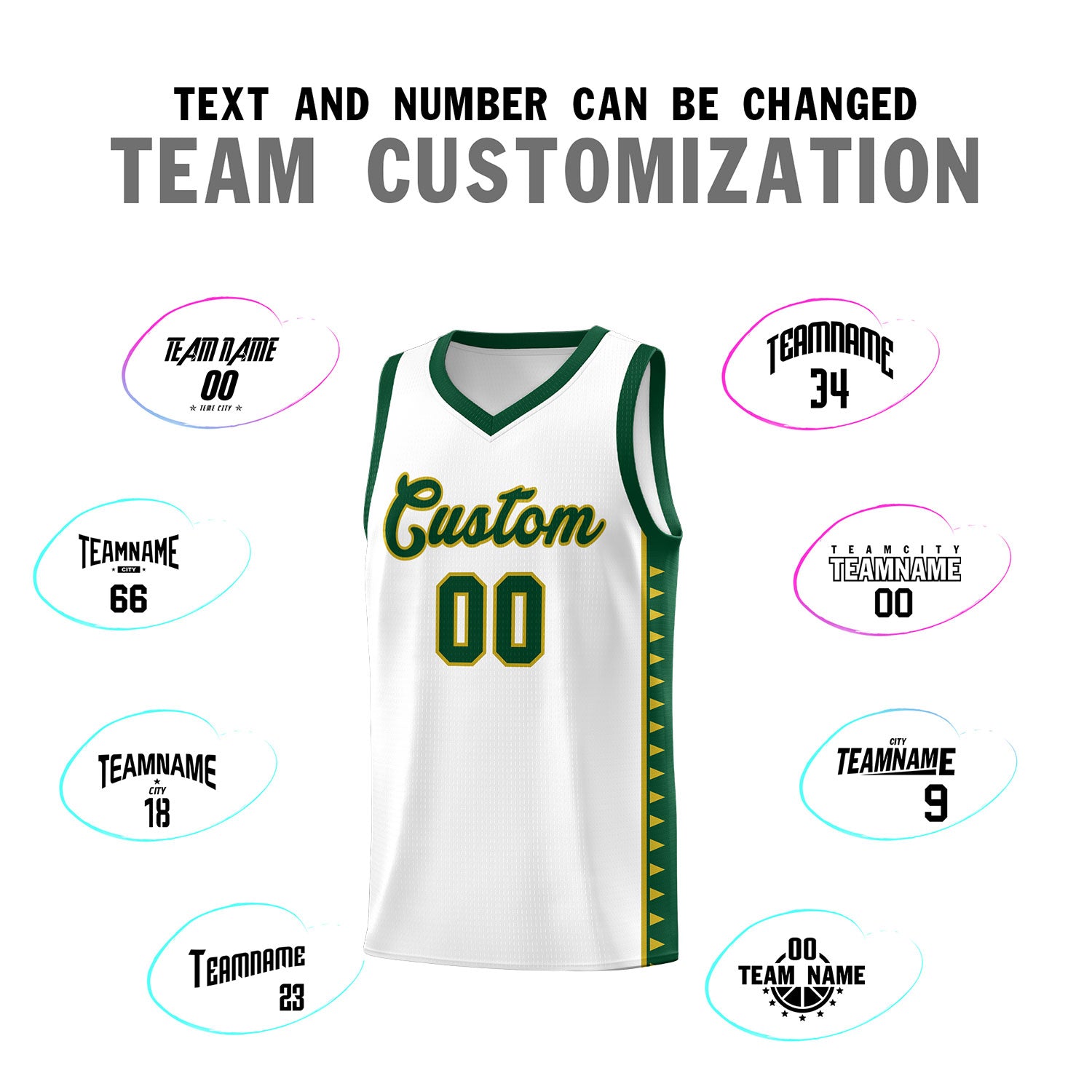 Custom White Green Basketball Kits With Side Zigzag Pattern