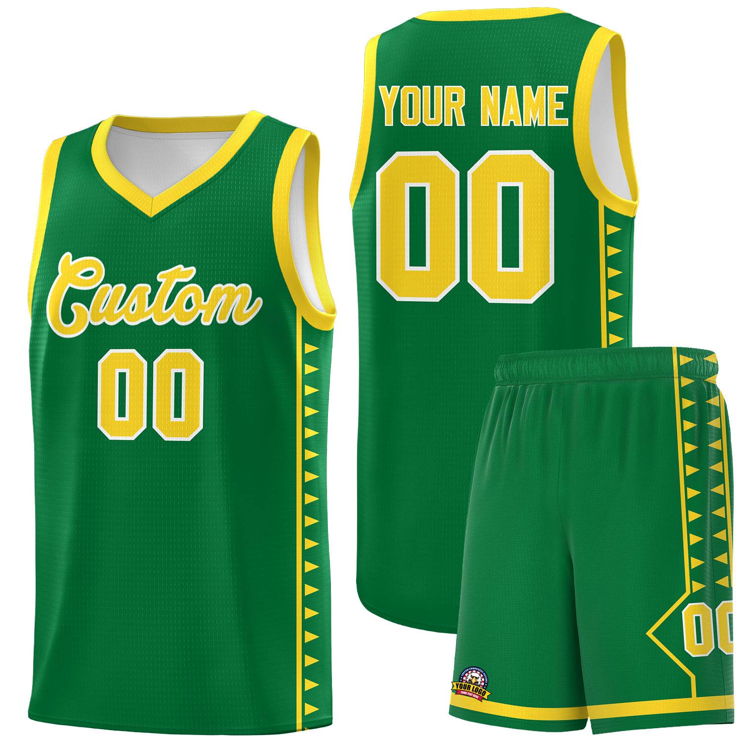 Custom Kelly Green Gold Basketball Kits With Side Zigzag Pattern