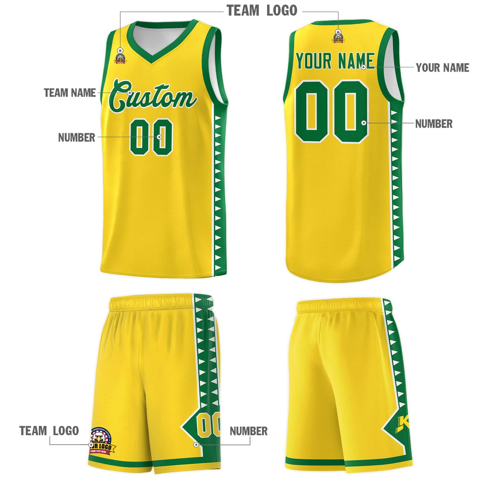 Custom Gold Kelly Green Basketball Kits With Side Zigzag Pattern