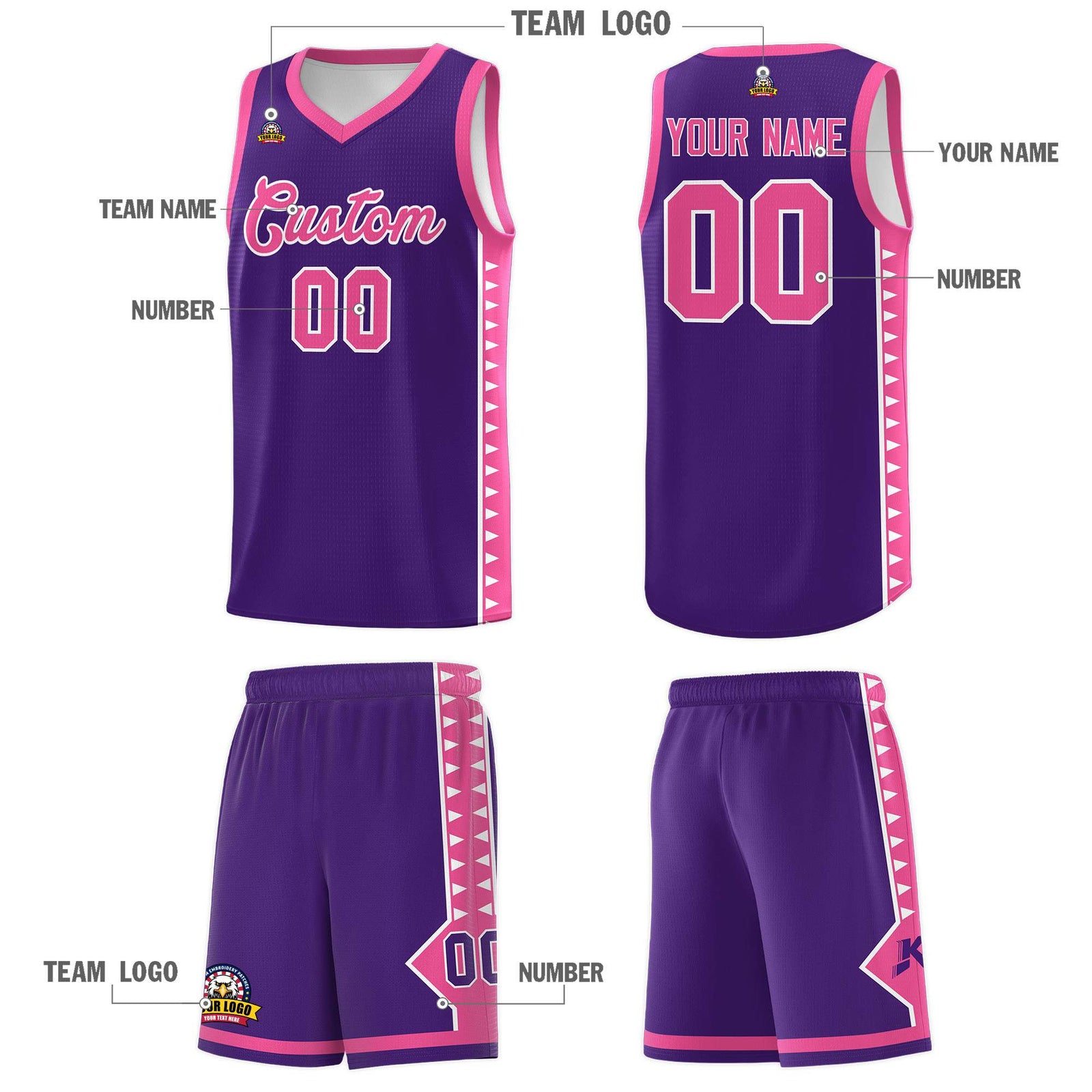 Custom Purple Pink Basketball Kits With Side Zigzag Pattern