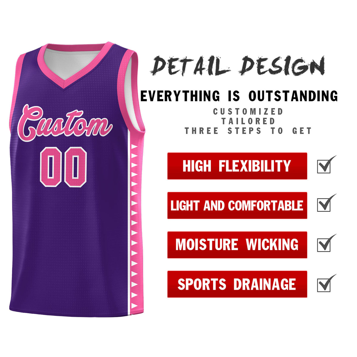 Custom Purple Pink Basketball Kits With Side Zigzag Pattern
