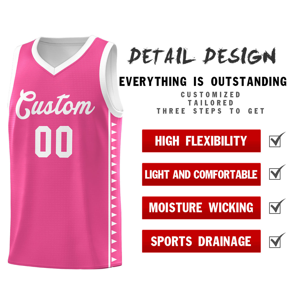 Custom Pink White Basketball Kits With Side Zigzag Pattern