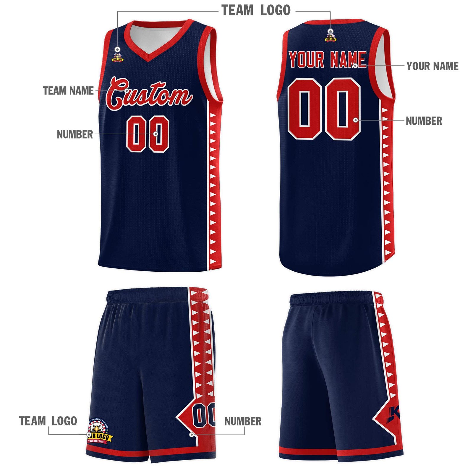 Custom Navy Red Basketball Kits With Side Zigzag Pattern