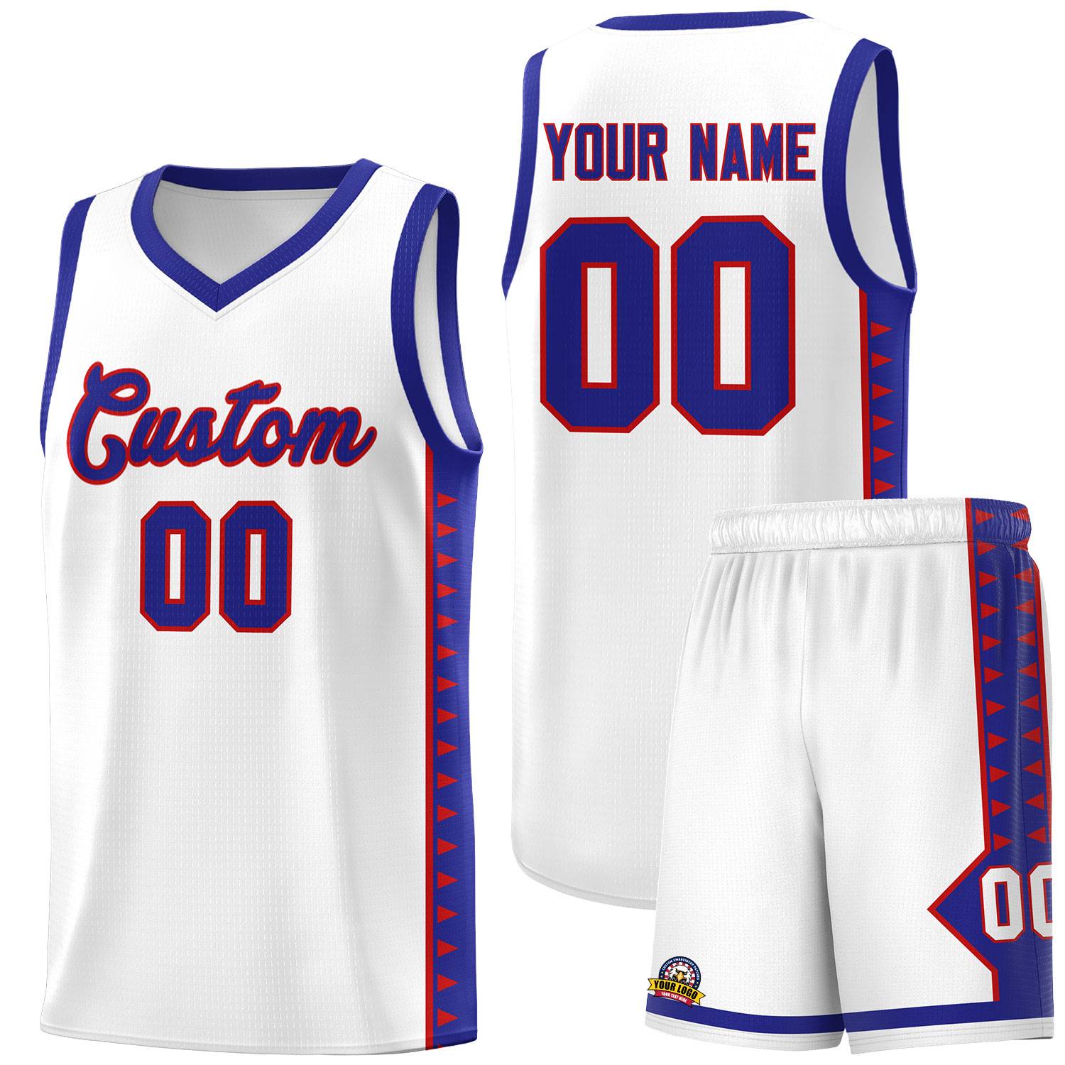 Custom White Royal Basketball Kits With Side Zigzag Pattern