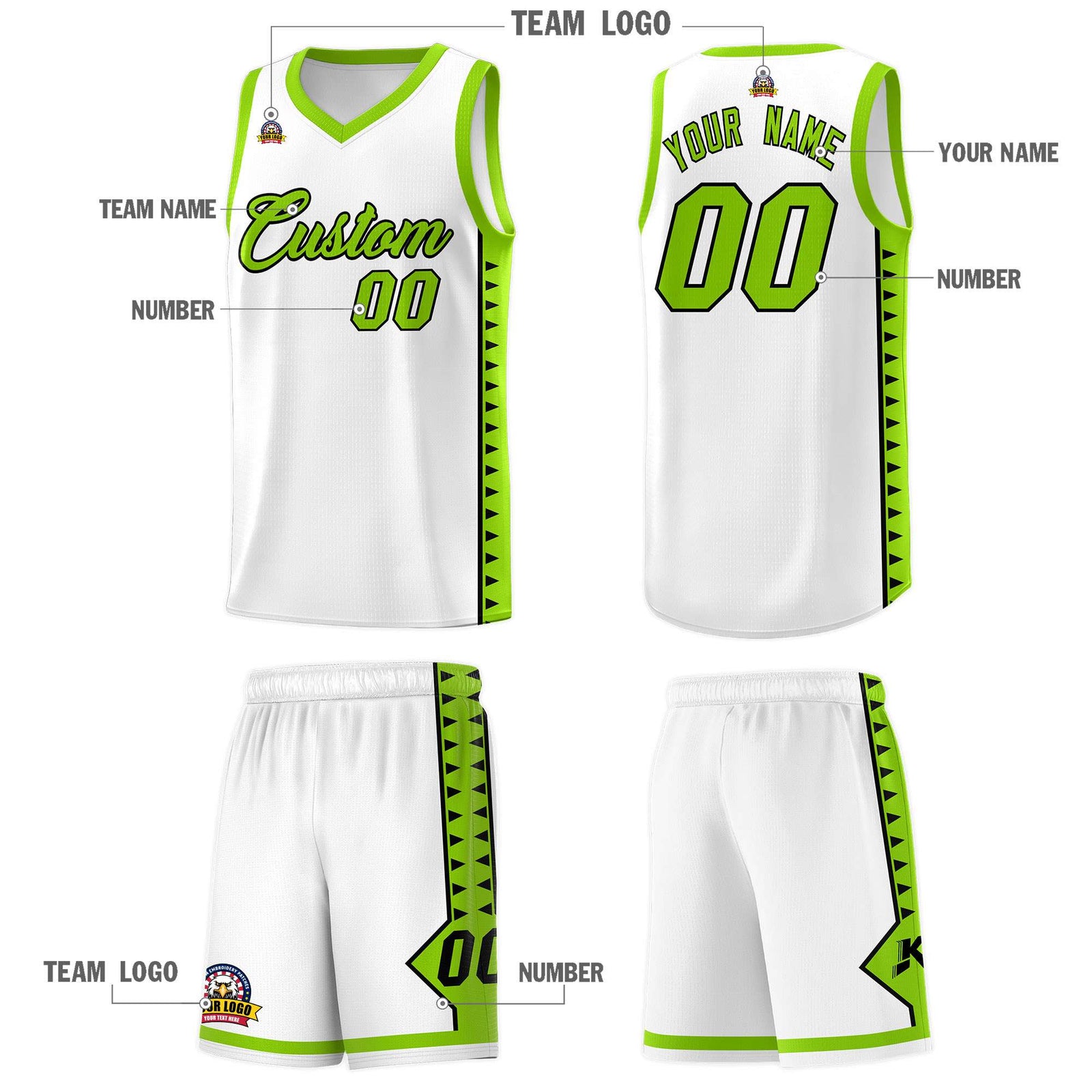 Custom White Neon Green Basketball Kits With Side Zigzag Pattern