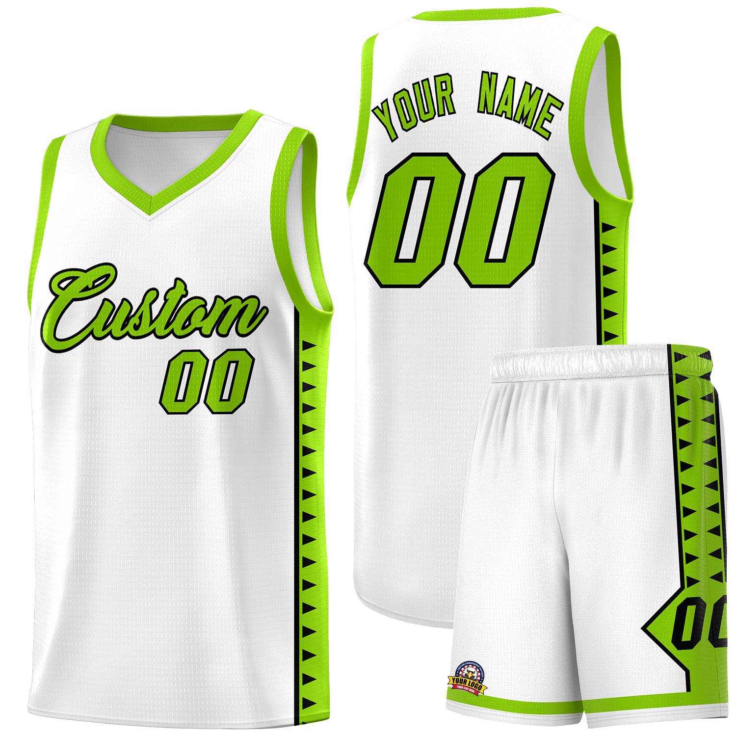 Custom White Neon Green Basketball Kits With Side Zigzag Pattern