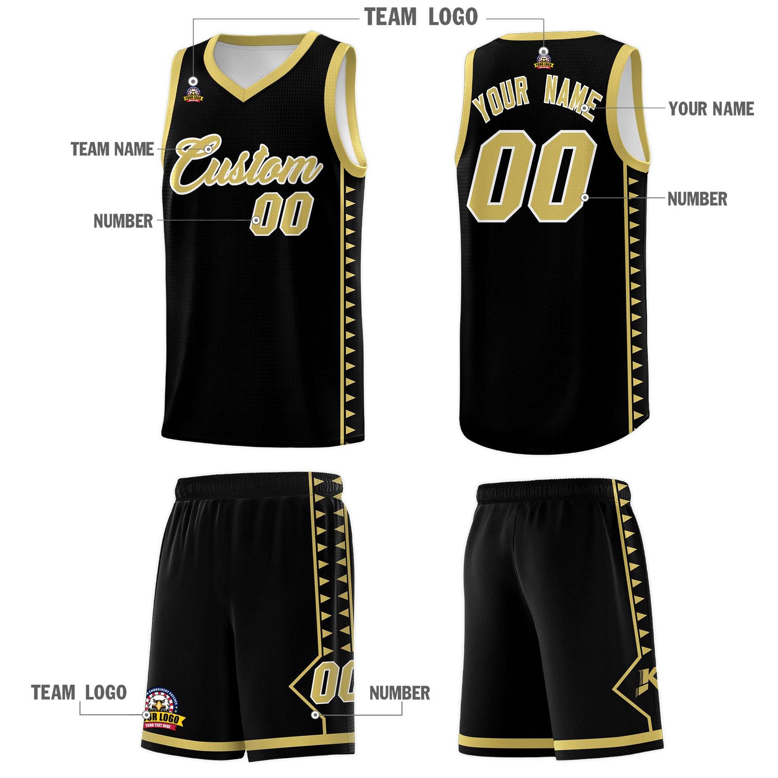 Custom Black Old Gold Basketball Kits With Side Zigzag Pattern
