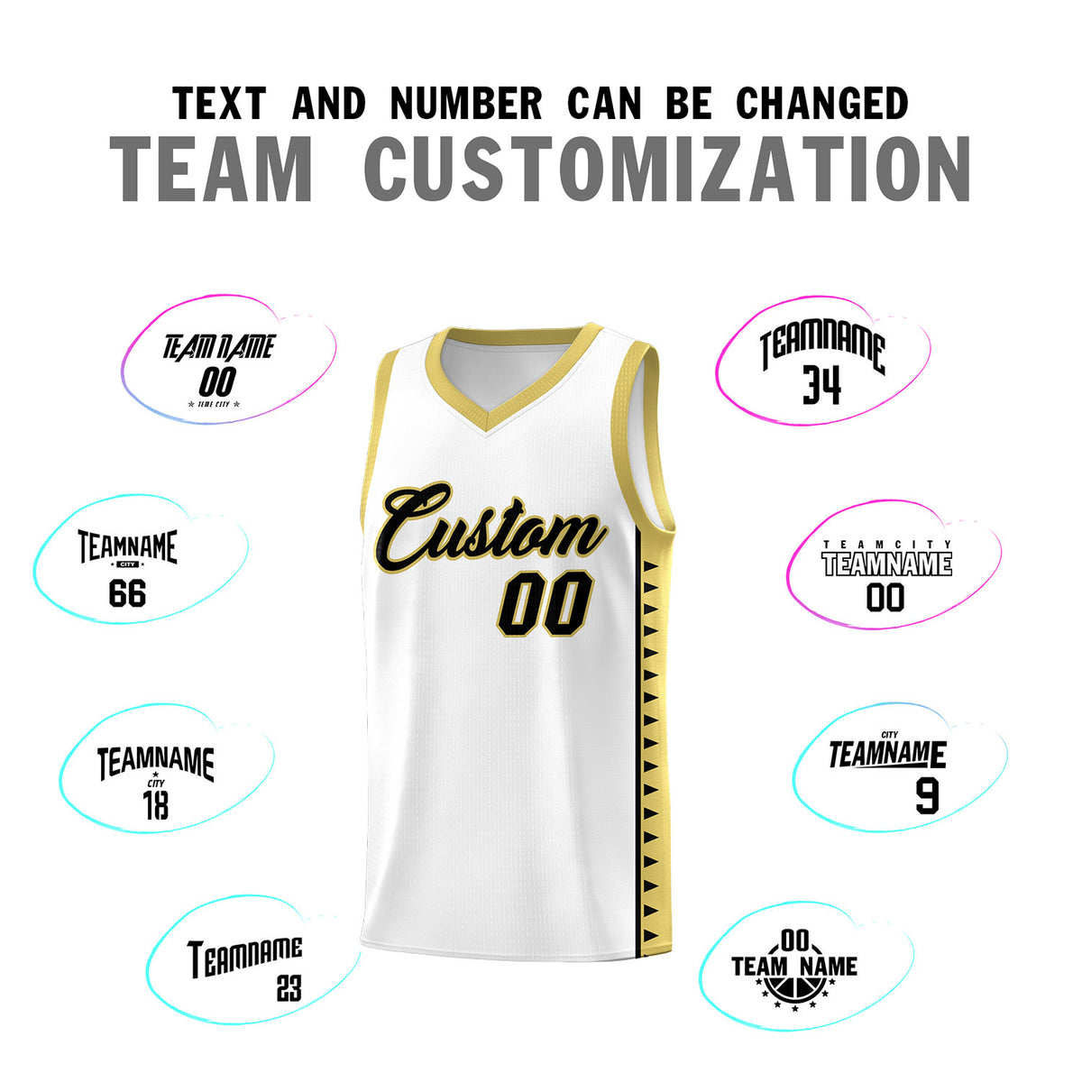 Custom White Old Gold Basketball Kits With Side Zigzag Pattern