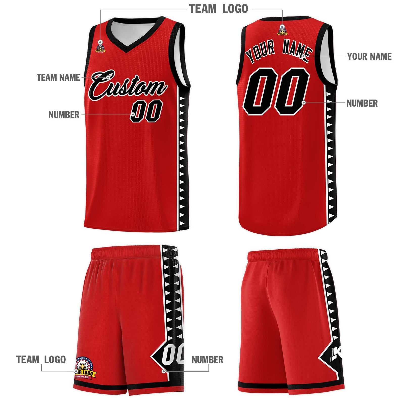 Custom Red Black Basketball Kits With Side Zigzag Pattern