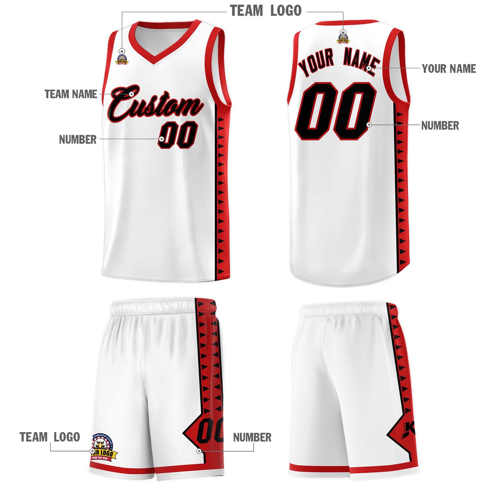 Custom White Red Basketball Kits With Side Zigzag Pattern