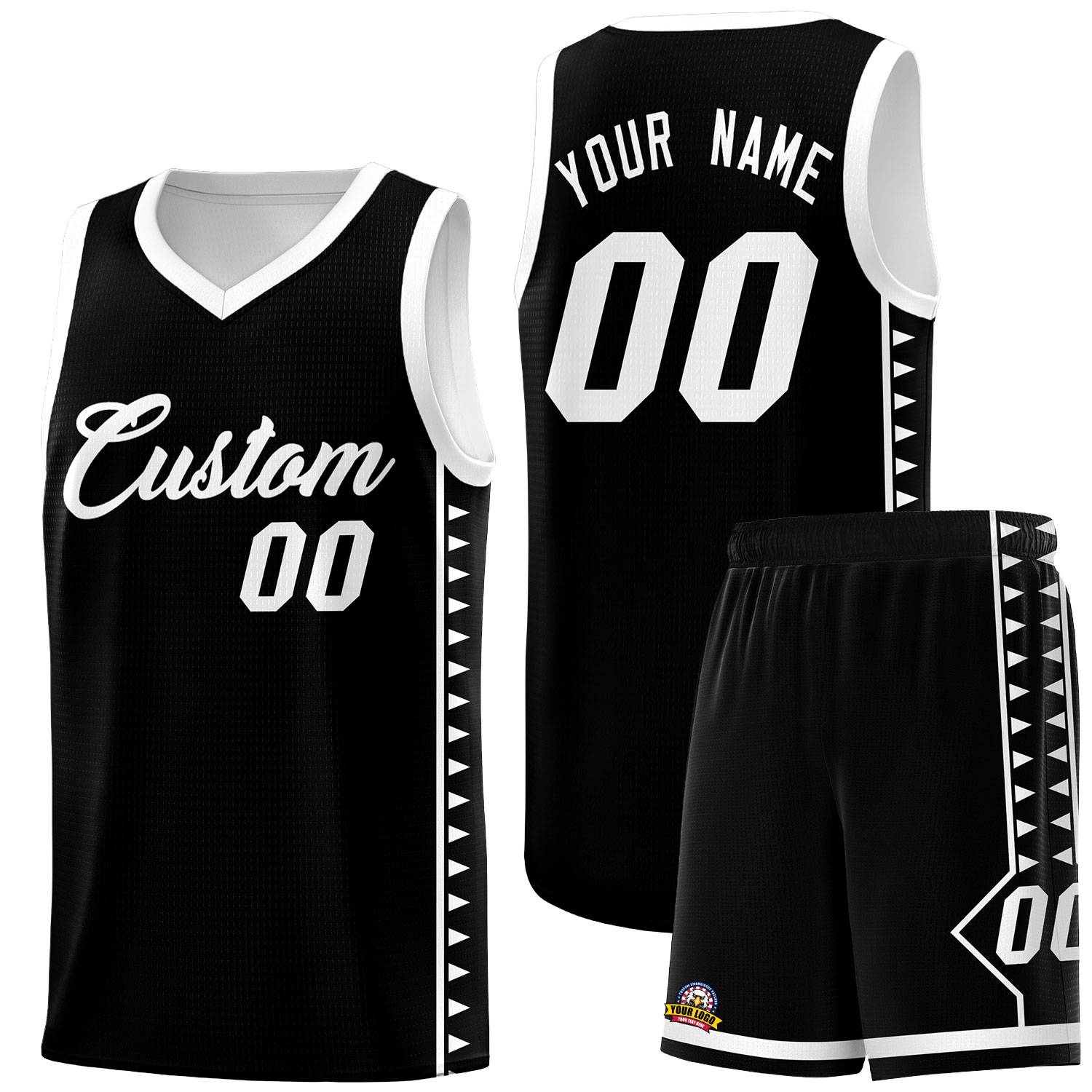 Custom Black White Basketball Kits With Side Zigzag Pattern