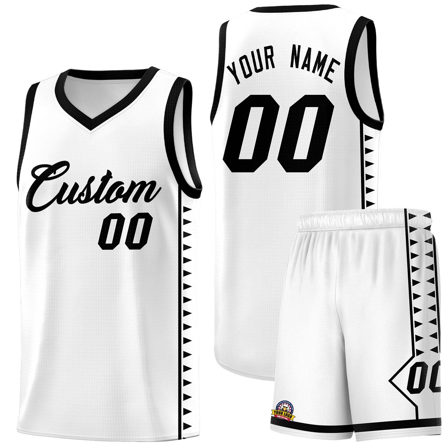 Custom White Black Basketball Kits With Side Zigzag Pattern