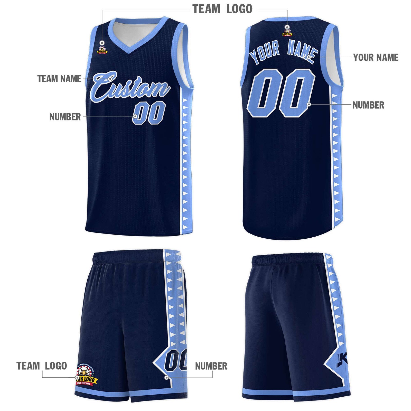 Custom Navy Light Blue Basketball Kits With Side Zigzag Pattern