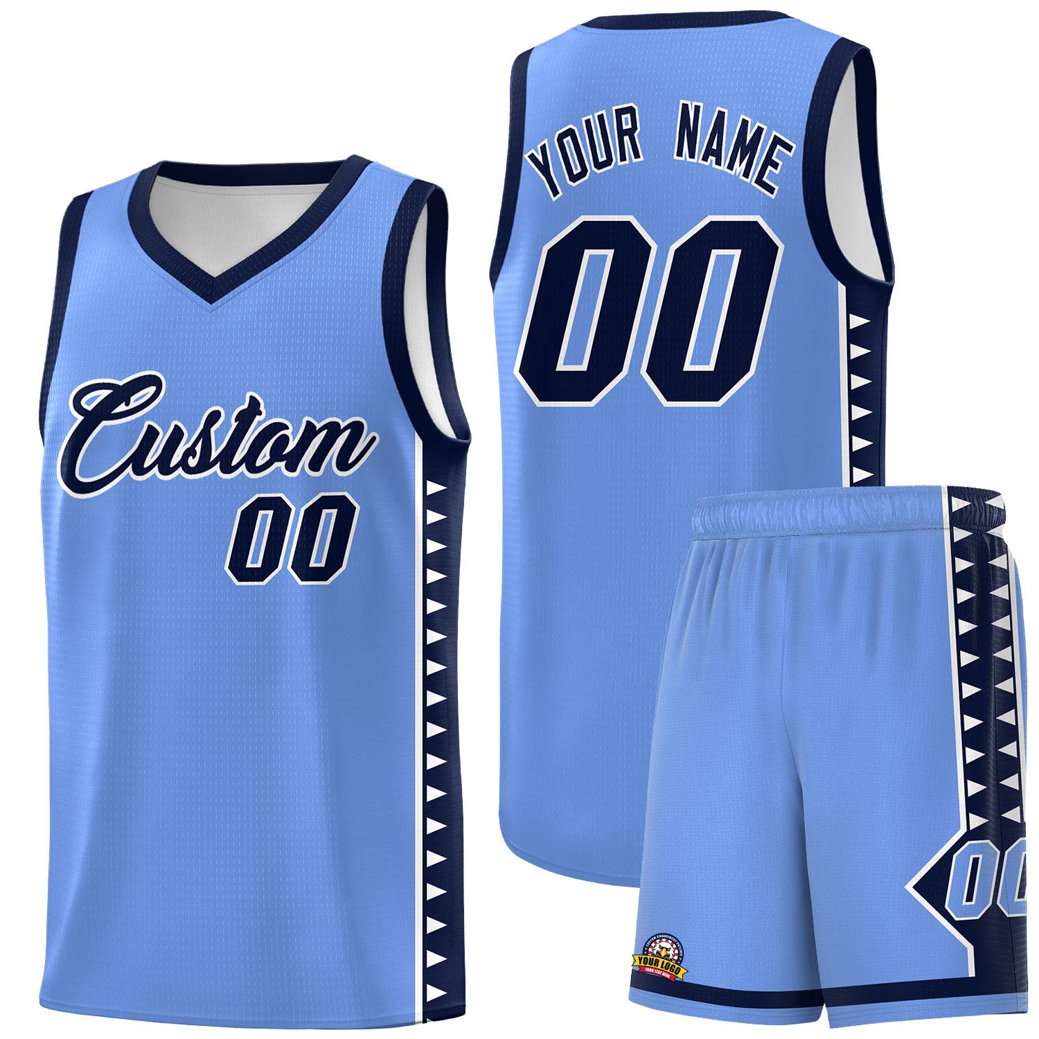 Custom Light Blue Navy Basketball Kits With Side Zigzag Pattern