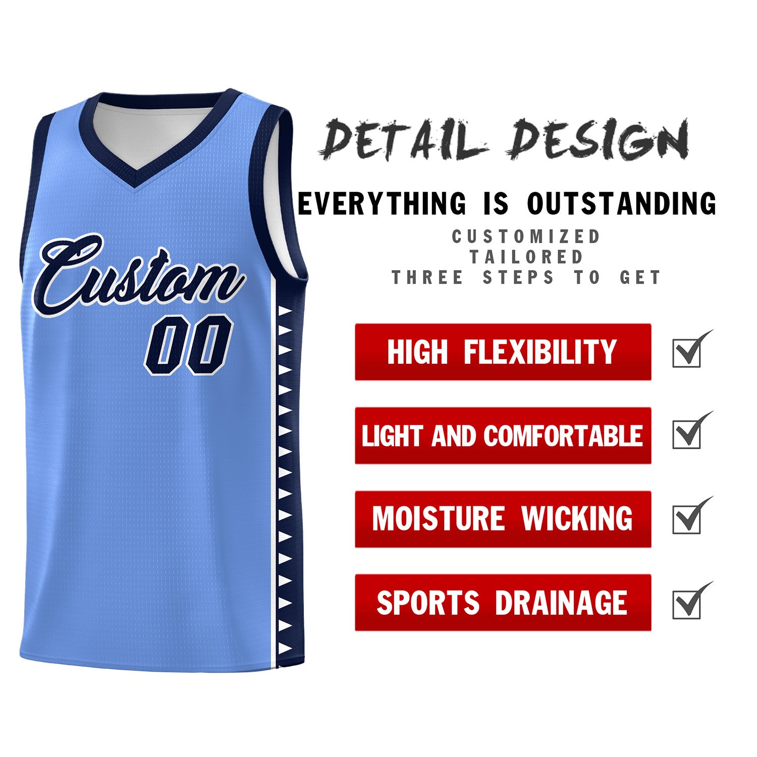 Custom Light Blue Navy Basketball Kits With Side Zigzag Pattern