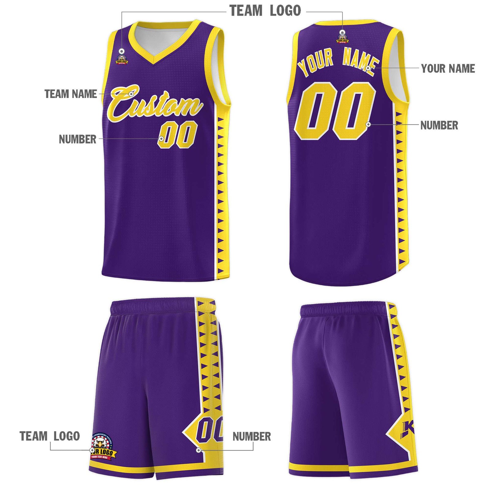 Custom Purple Gold Basketball Kits With Side Zigzag Pattern