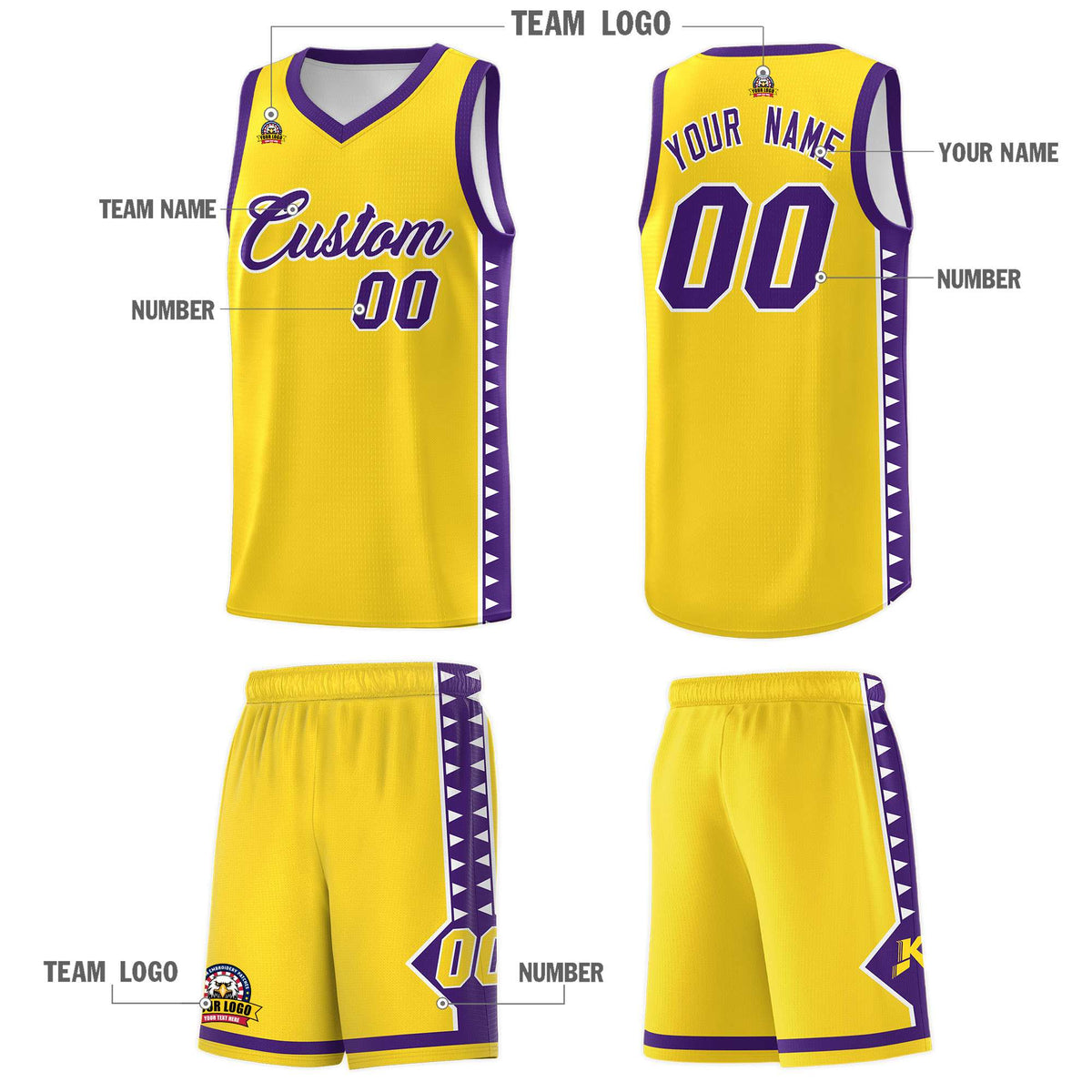 Custom Gold Purple Basketball Kits With Side Zigzag Pattern