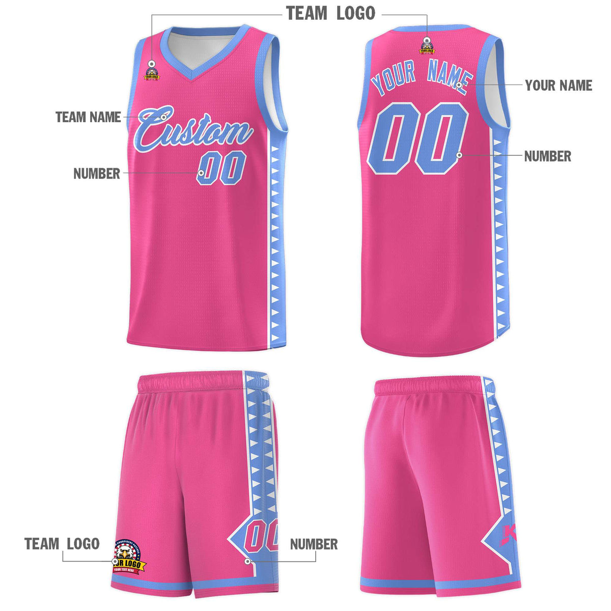 Custom Pink Light Blue Basketball Kits With Side Zigzag Pattern