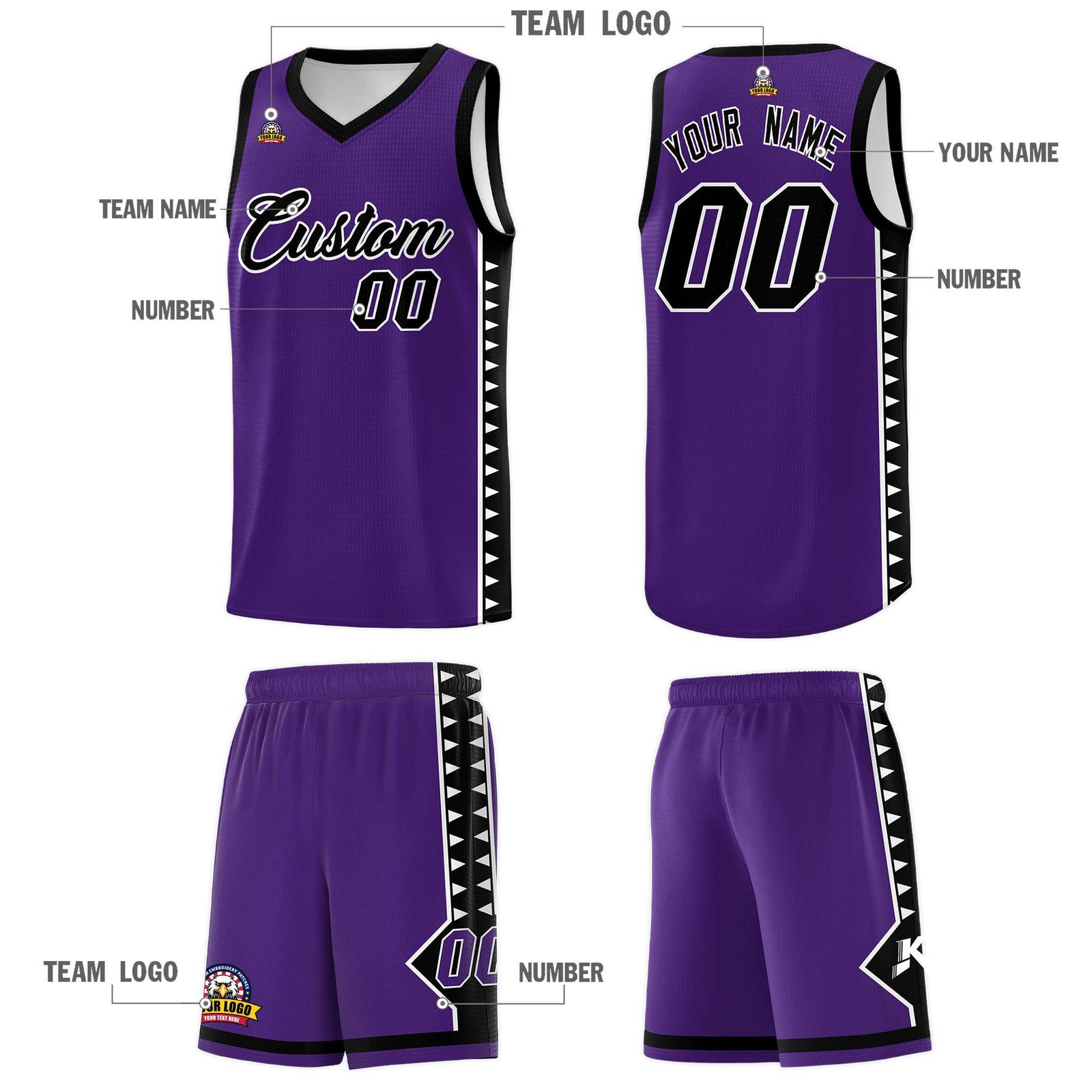 Custom Purple Black Basketball Kits With Side Zigzag Pattern