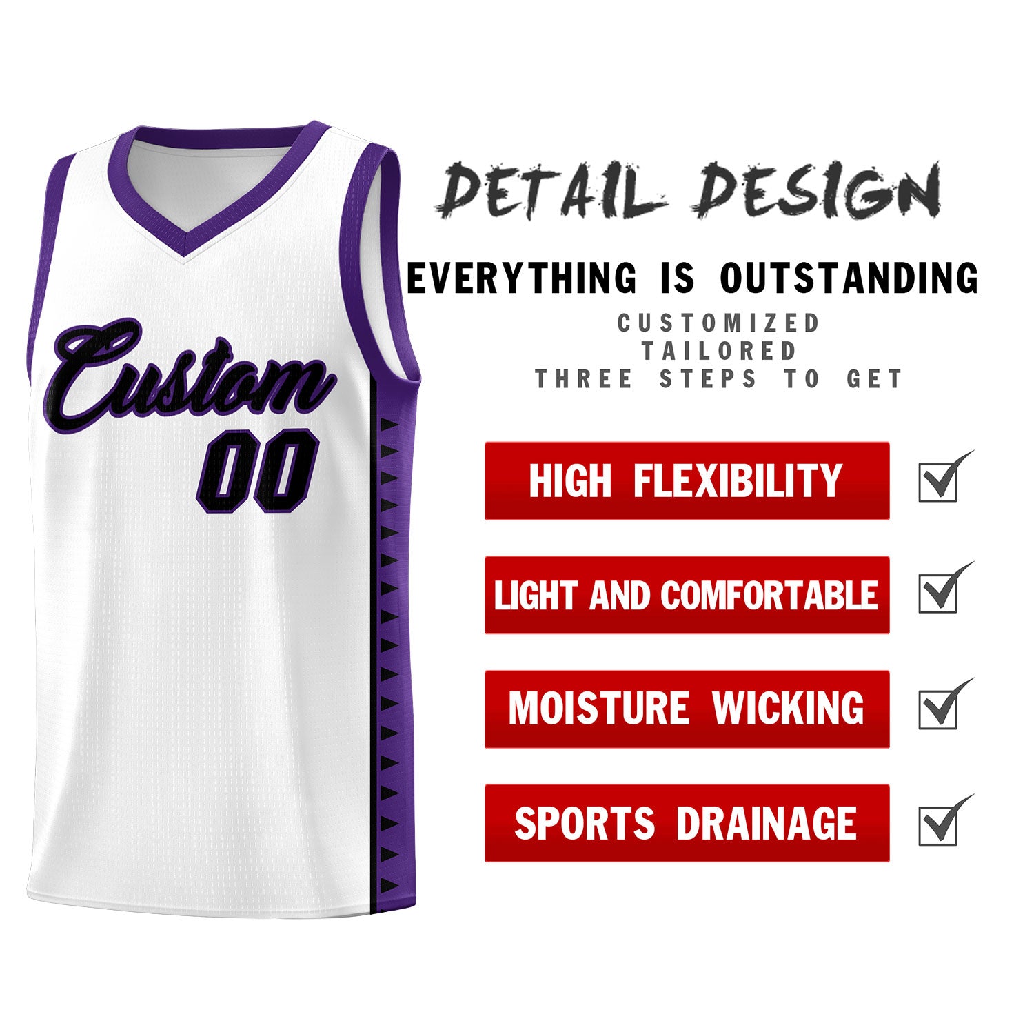 Custom White Purple Basketball Kits With Side Zigzag Pattern